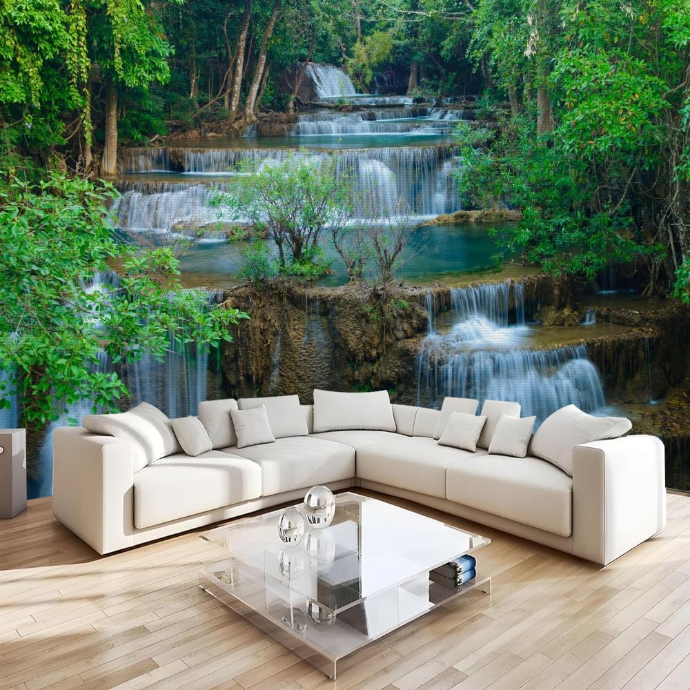 Forest Theme 3D Peel and Stick Wall Murals, Rapid River Self Adhesive Wallpaper Large Poster Wall Sticker for Bedroom Living Room Home Decor 79" Wx55 H
