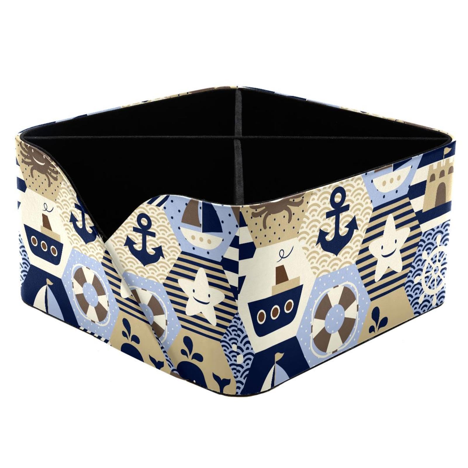 KengjuTesu Nautical Sailing Anchor Themed Pattern Desktop Organizer Pen Holder, Rectangular Pencil Cup for Office, Study and Makeup Stations