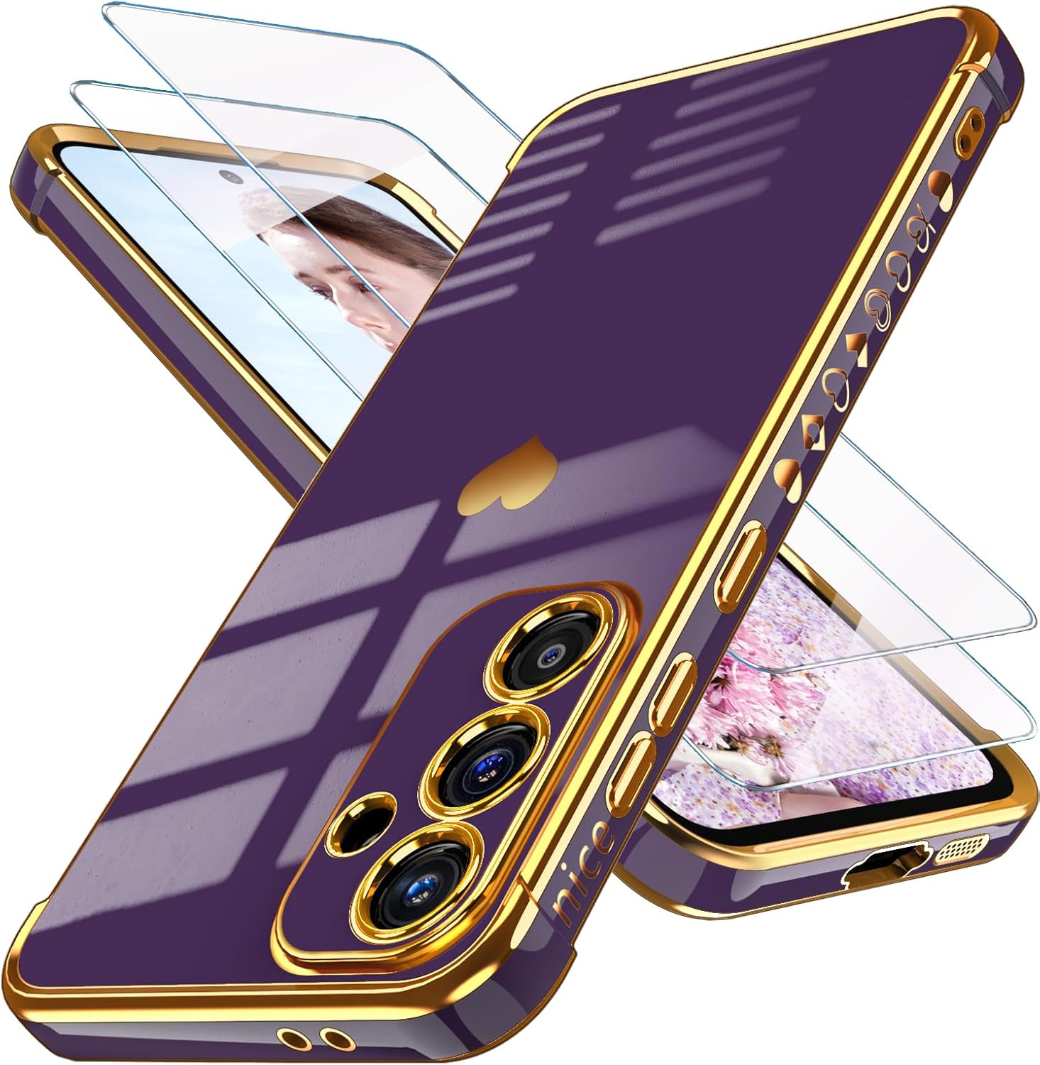 Dretal for Samsung Galaxy S24 FE 5G Case with Screen Protector, Women Girl Cute Girly Love-Heart Luxury Gold Soft Camera Protection Bumper Shockproof Phone Case for Galaxy S24 FE (Deep Purple, S24 FE)