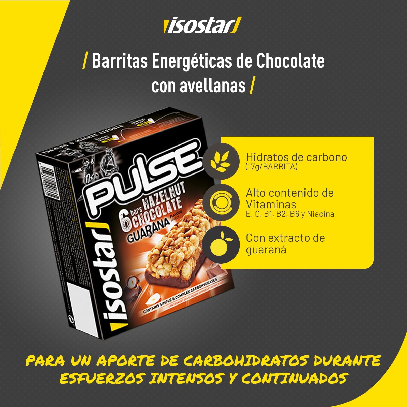 Isostar Barritas Pulse. Barritas de avellana con chocolate energéticas con hidratos de carbono de utilización rápida y progresiva. guaraná y alto contenido en vitaminas. 6x23g