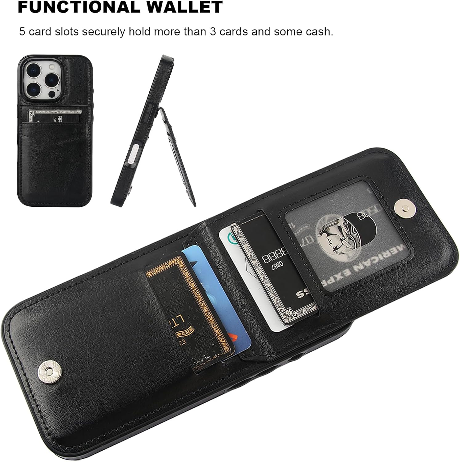 KIHUWEY Compatible with iPhone 16 Pro Case Wallet with Credit Card Holder, Flip Premium Leather Magnetic Clasp Kickstand Heavy Duty Protective Cover for iPhone 16 Pro 6.3 Inch (Black) - Image 4