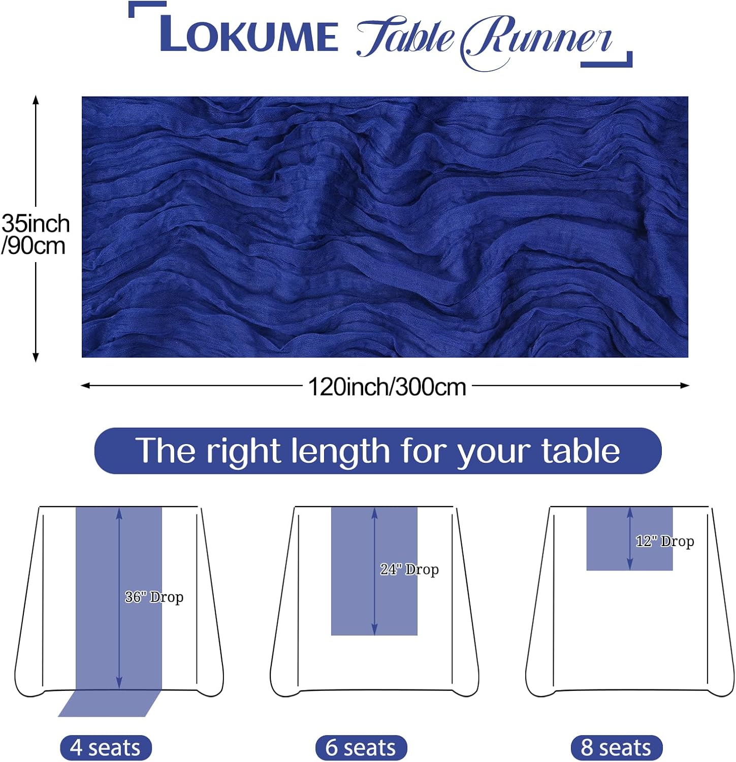 12 Pack Royal Blue Cheesecloth Table Runner - 35 x 120 Inch Gauze Table Runner for Boho Decoration, Wedding, Bridal Shower, Birthday Party