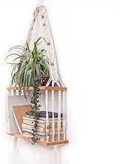 Estantes bohemios para colgar en la pared, diseño de macramé, diseño de plantas flotantes, estante de madera para dormitorio, sala de estar, apartamento