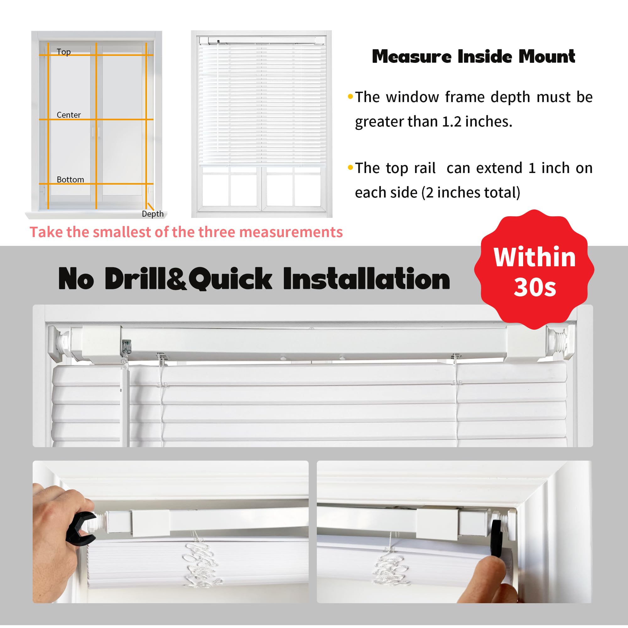 AURILOFT No Tools No Drill Cordless Mini Blinds 20