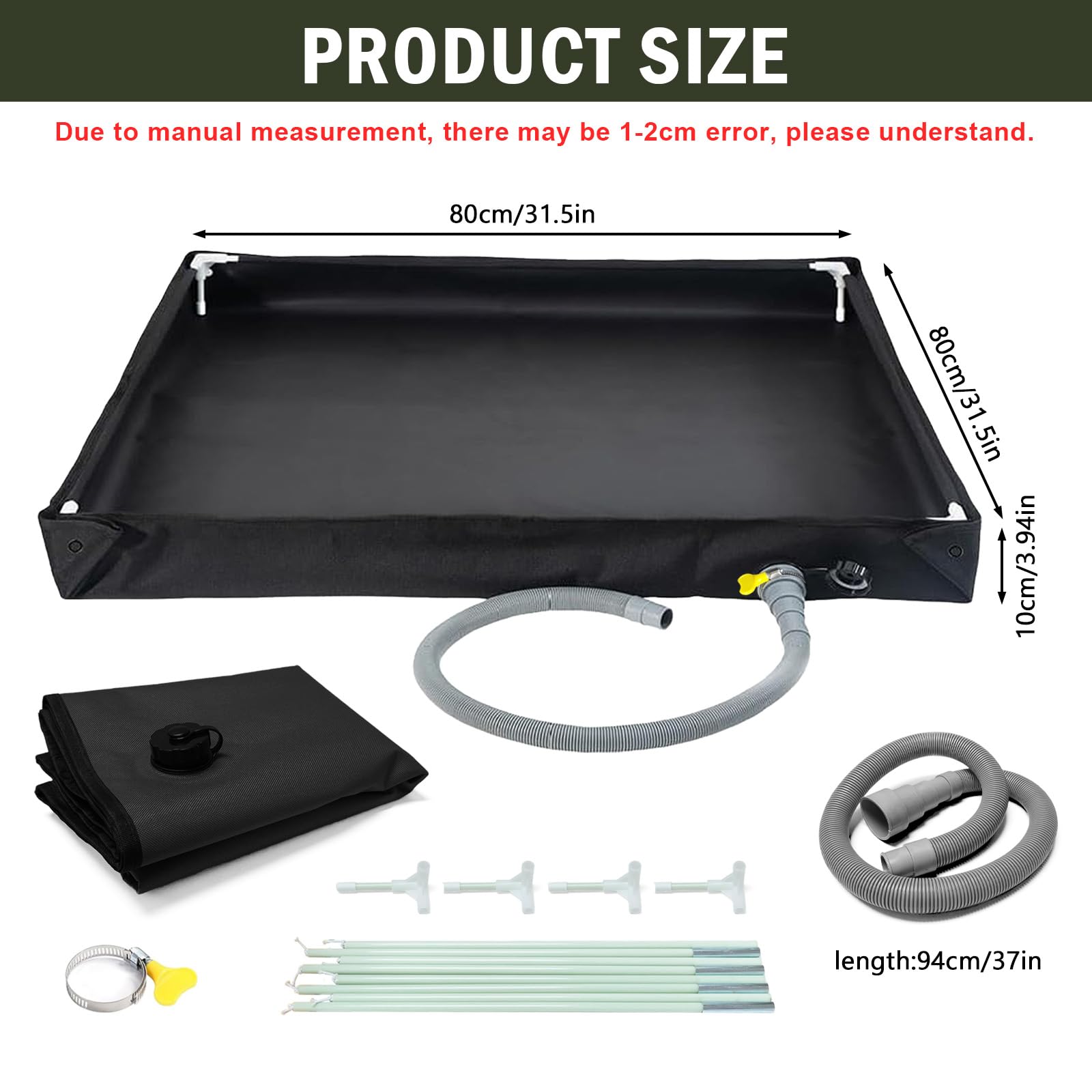 Bac à douche pliable 80x80x10 cm, bac à douche portable avec tuyau d’évacuation, bâche de tente de toit imperméable Oxford durable pour l’intérieur et l’extérieur, base de douche de camping pour plage