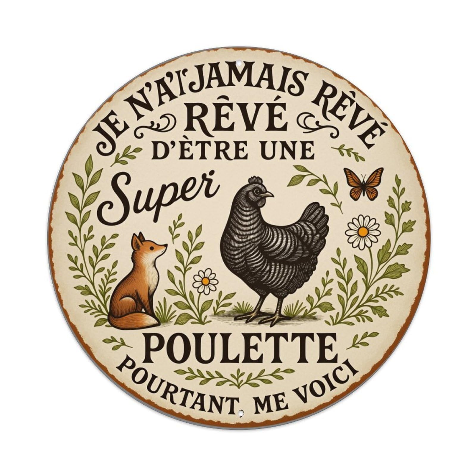 Lzwbntey Vintage Chicken Fox Flower Butterfly Text Metal Tin Sign Retro Wall Decor For Home Bar Garage Cafe, Indoor & Outdoor Decorative，Circle Metal Poster, 8X8 Inch