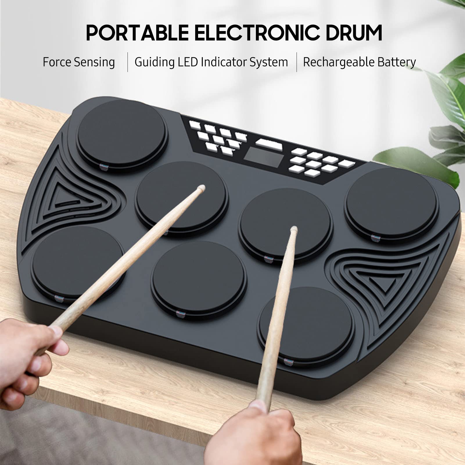 Batteria elettronica portatile, tamburo da tavolo con 7 pad sensibili alla velocità, supporto per pad batteria ricaricabile integrato, ingresso audio per registrazione, per bambini e principianti