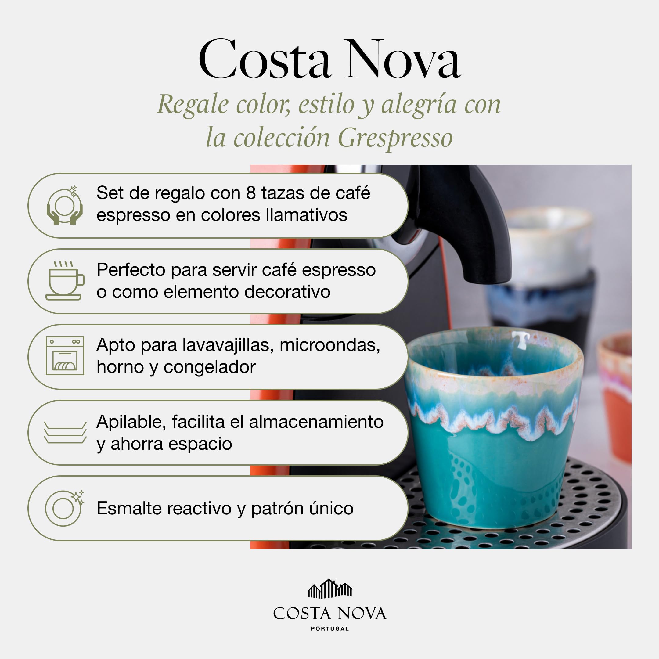 Costa Nova caja regalo Grespresso: 8 tazas de expreso de gres fino con esmalte reactivo, apilables, acabadas a mano, en elegante caja de madera, aptas para lavavajillas, multicolor, ⌀ 6,5 cm