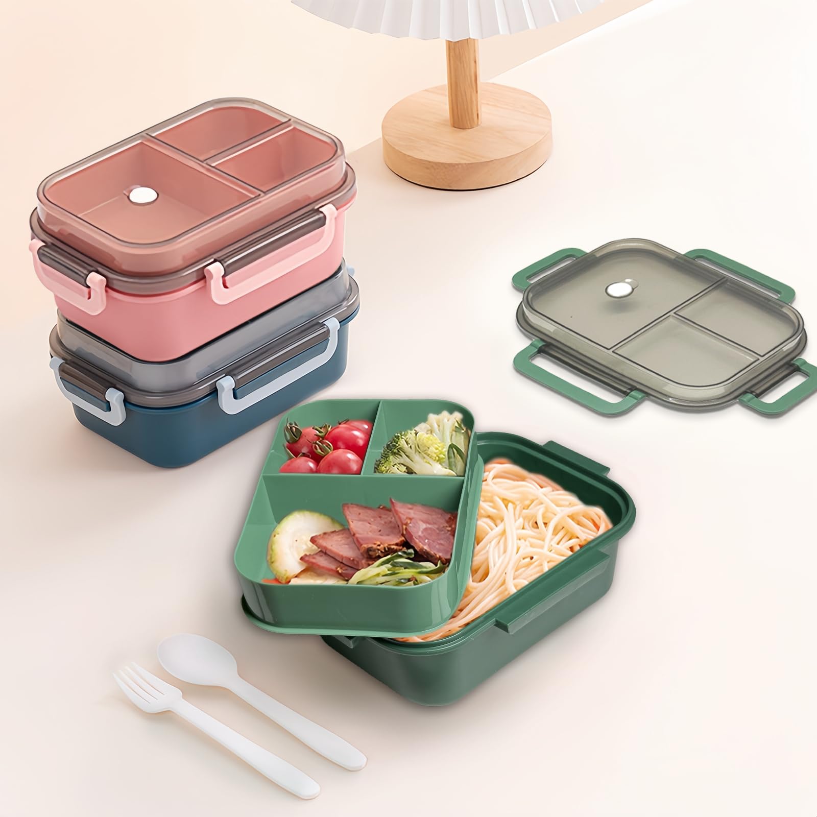 Echehi Portable Lunch Boxes, 2 Layers All-in-One Stackable Lunchbox Utensil Set for Dining Out Work, Picnic. Green - Image 2