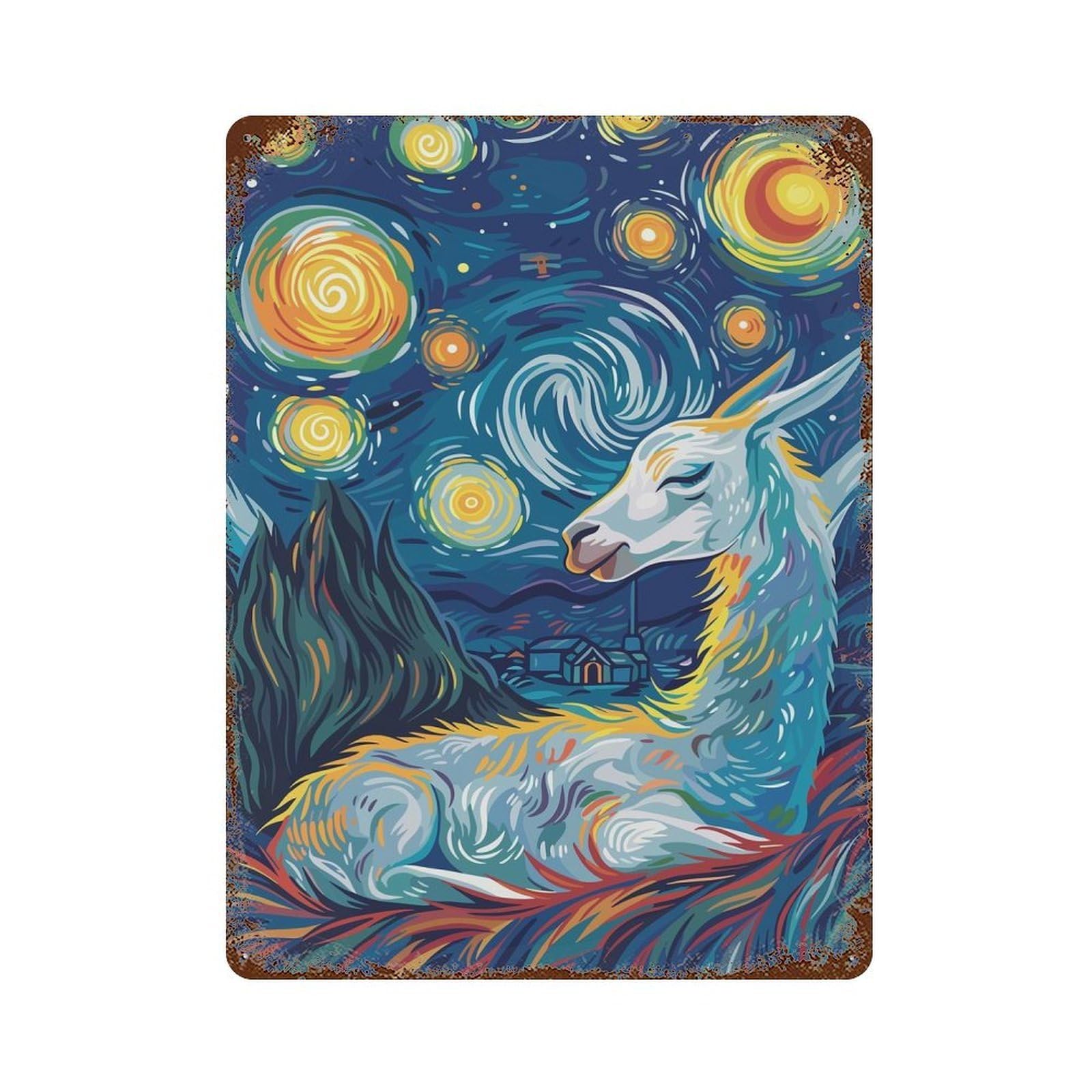 Llama in Starry Night Style Vintage Wall Sign 15.7"x11.8", Rust Effect Metal Decor for Cafe, Home Bar And Lounge Decor