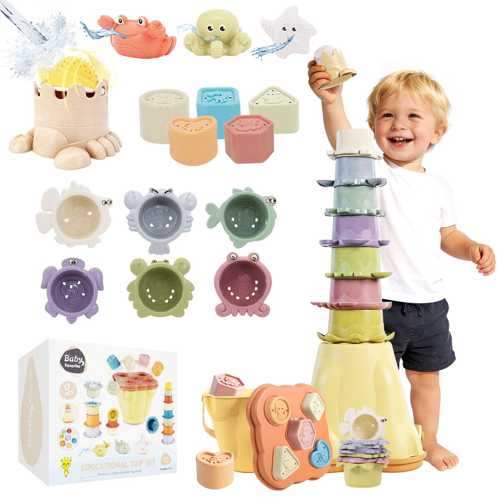BYFWH Baby Shape Sorter Toy for Toddler 1-3, Toddler Stacking Toy with Nesting Cups, 5 in 1 Infant Learning Stackable Block for Sand & Bath Play, Birthday Gift for Girl Boy 9 Month