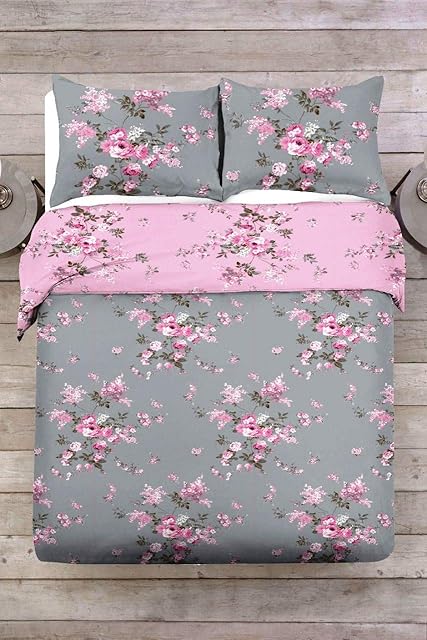 CnA Stores Victoria Pink and Grey Floral Blossom Duvet Cover & Pillowcase Reversible Bedding Set DOUBLE