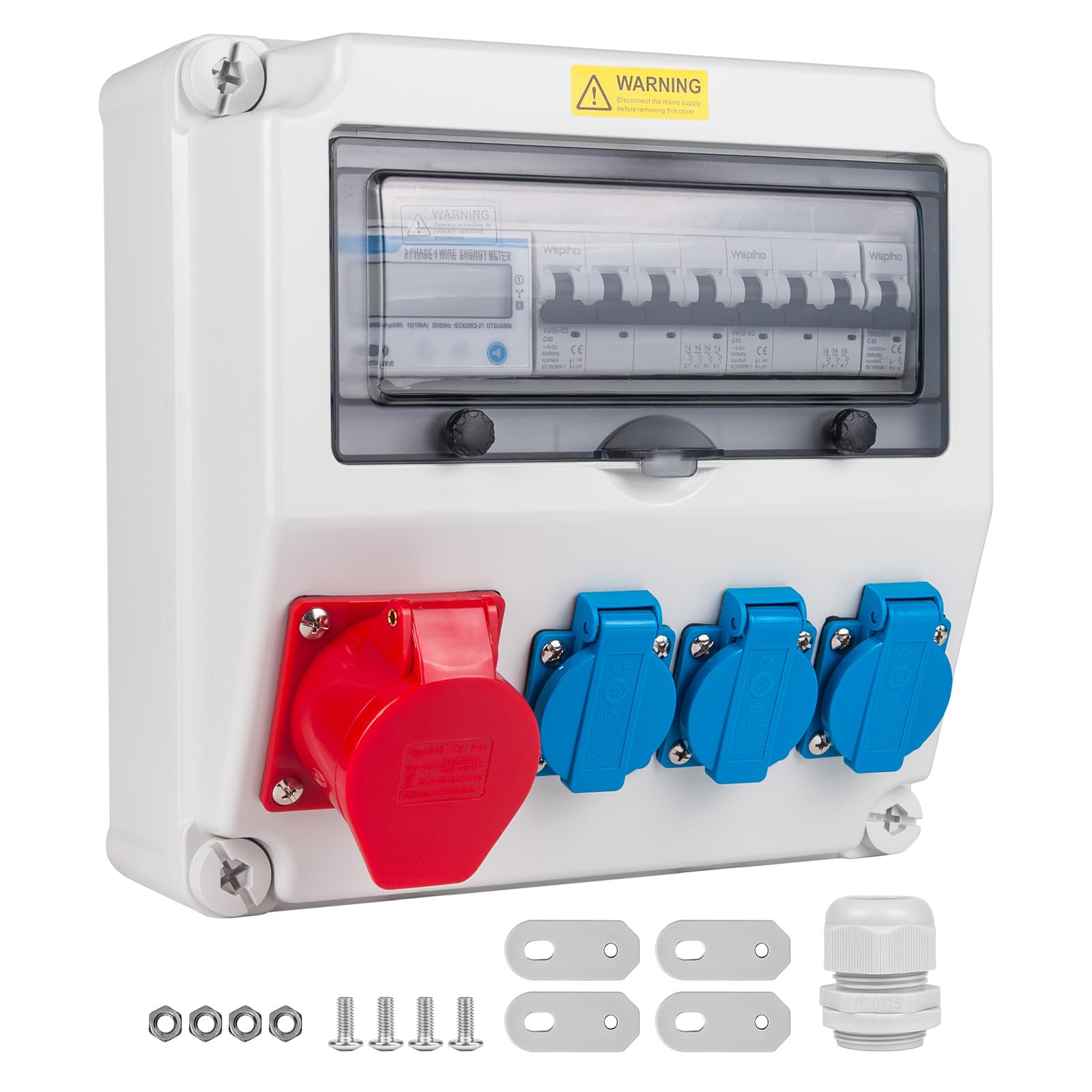 Distributore di corrente da costruzione con contatore di corrente, 3 fasi, 40 A, 230 V, con presa CEE 16 A, distributore di corrente per cantieri, industria, giardini (40 A 4P LS+40 A 1P LS+