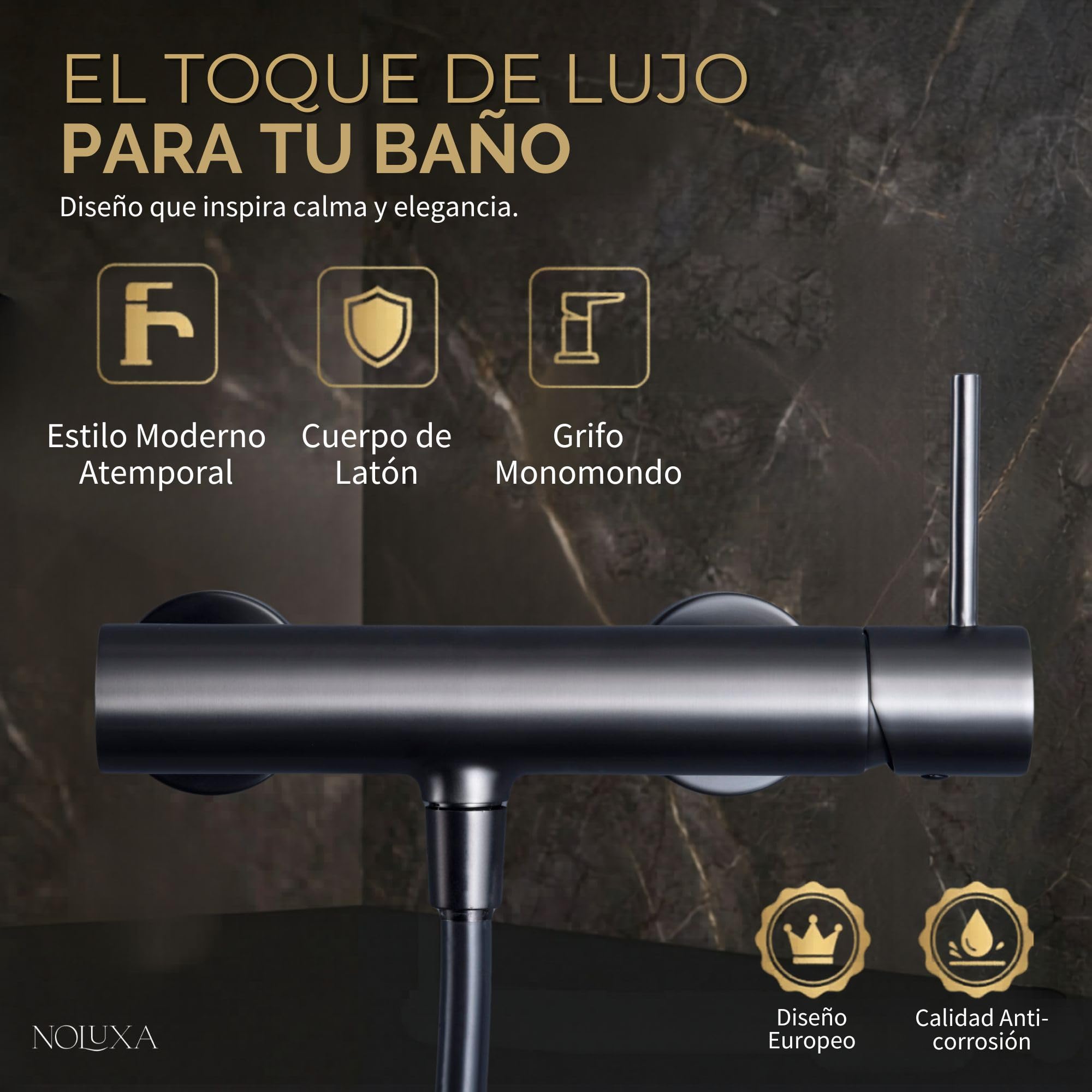 IMEX - Grifo de Ducha con Alcachofa y Manguera | Grifo Ducha Monomando Negro con Mezclador Agua Fría y Caliente | Grifería en Latón con Cartucho Monomando Cerámico | Serie Monza