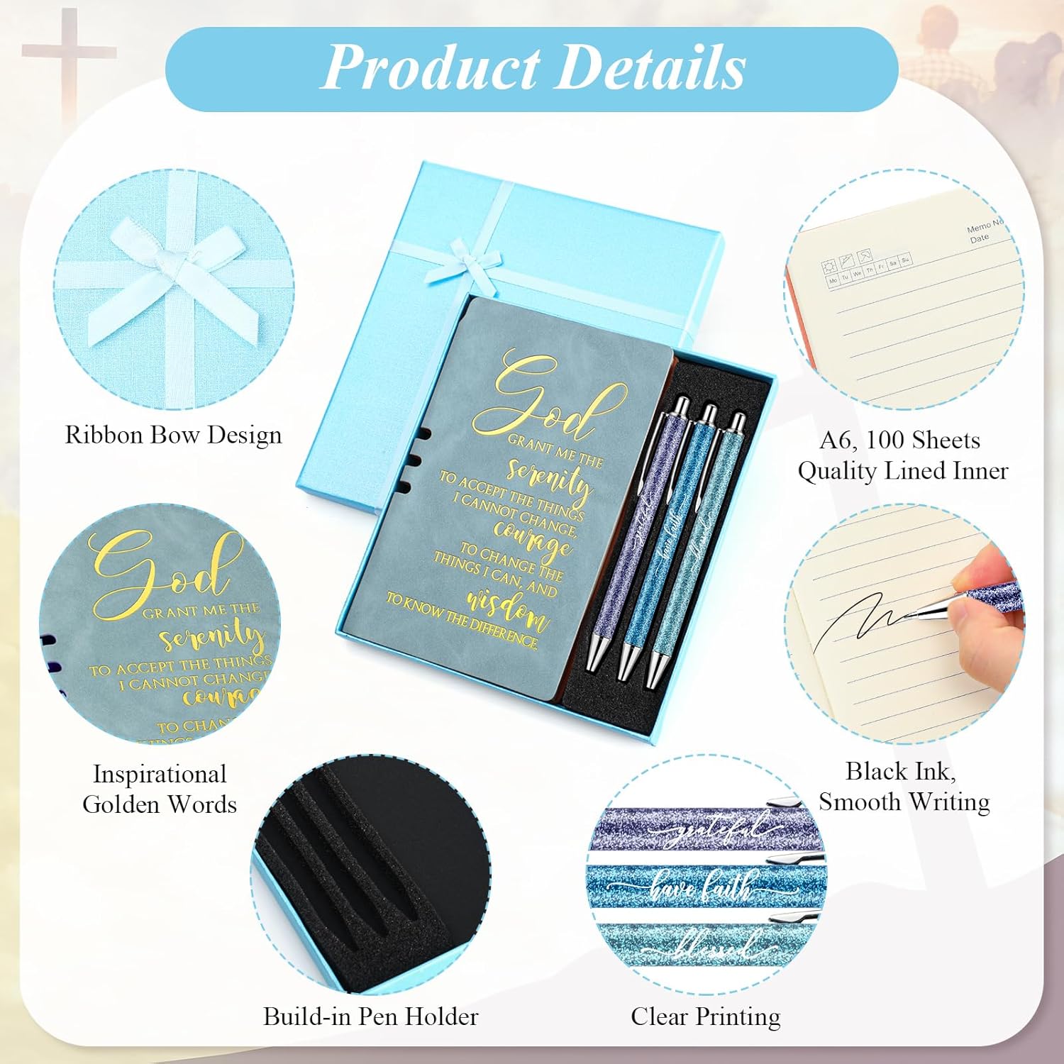Spakon 5 Pcs Christian Gifts for Women Christian Easter Gifts Prayer Journal Religious for Women God Notebook Pen with Gift Box Scripture Notepad for Church Sunday School Favors, Blue - Image 2