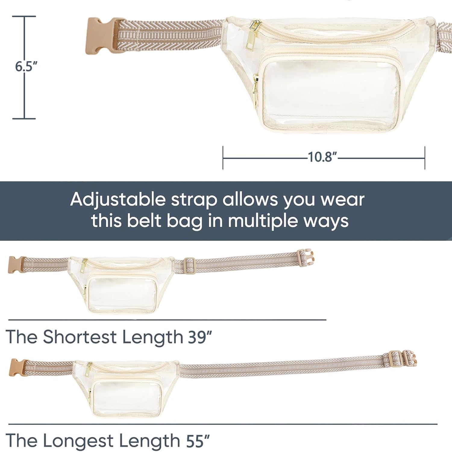 YBO Clear Fanny Pack Stadium Approved Clear Bag for Stadium Events Large Belt Bag for Women Transparent Waist Bag Crossbody for Sports Concert with Adjustable Strap, Khaki - Image 5