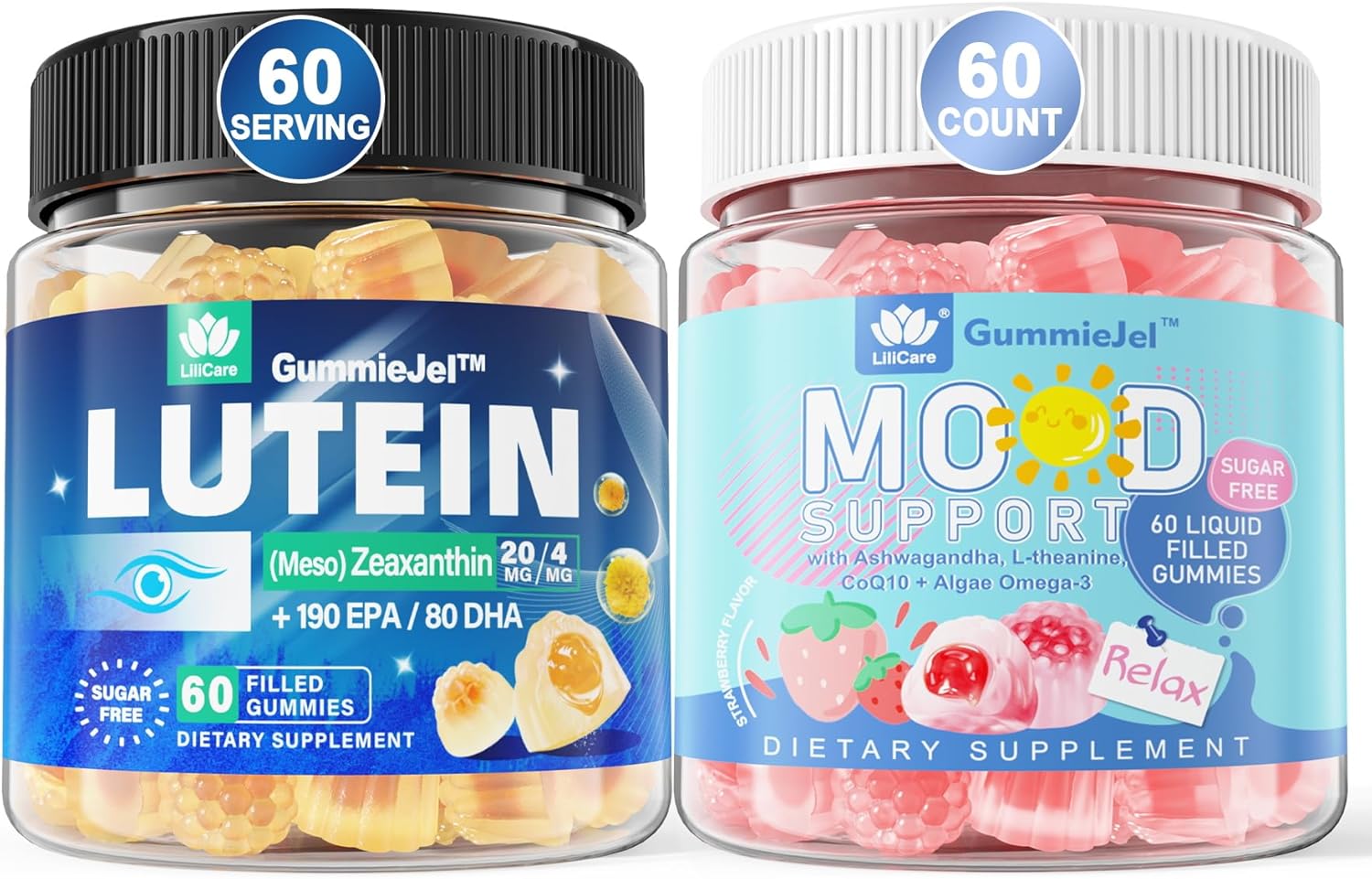 LILICARE Sugar Free Lutein 20mg Zeaxanthin Filled Gummies + Natural Calm Filled Gummies for Adults with Ashwagandha and Vegan Omega 3