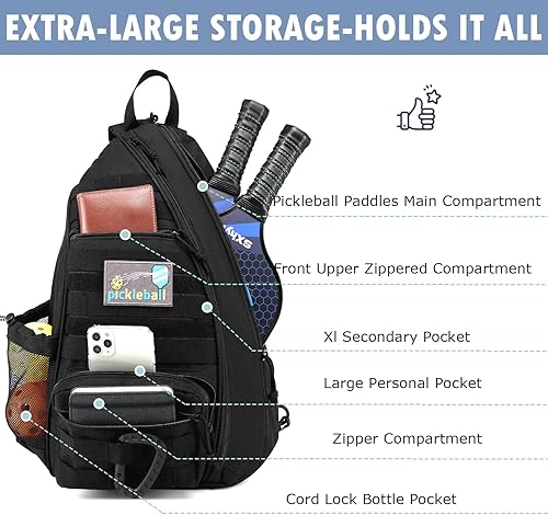Vista 4 de Bandolera de Pickleball SunForMorning, Mochila Táctica de Pickleball para Mujeres y Hombres, Bolsa de Hombro Ajustable con Gancho para Valla y Negro
