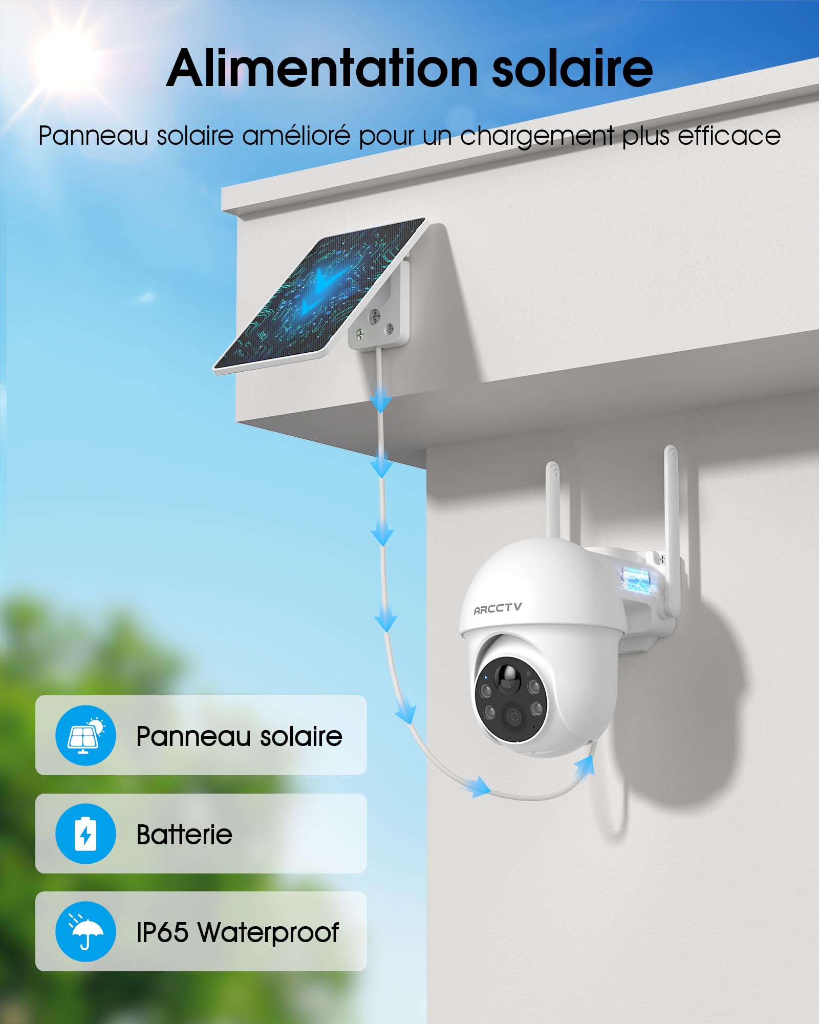 ARCCTV 4MP Caméra Surveillance WiFi Exterieure sans Fil Solaire(Blanc 2pcs) | 2.5K 4MP, PTZ 360°, Wi-Fi 2.4/5GHz, Détection PIR, Vision Nocturne Couleur, Audio Bidirectionnel, Panneau Solaire, Alexa,IP65