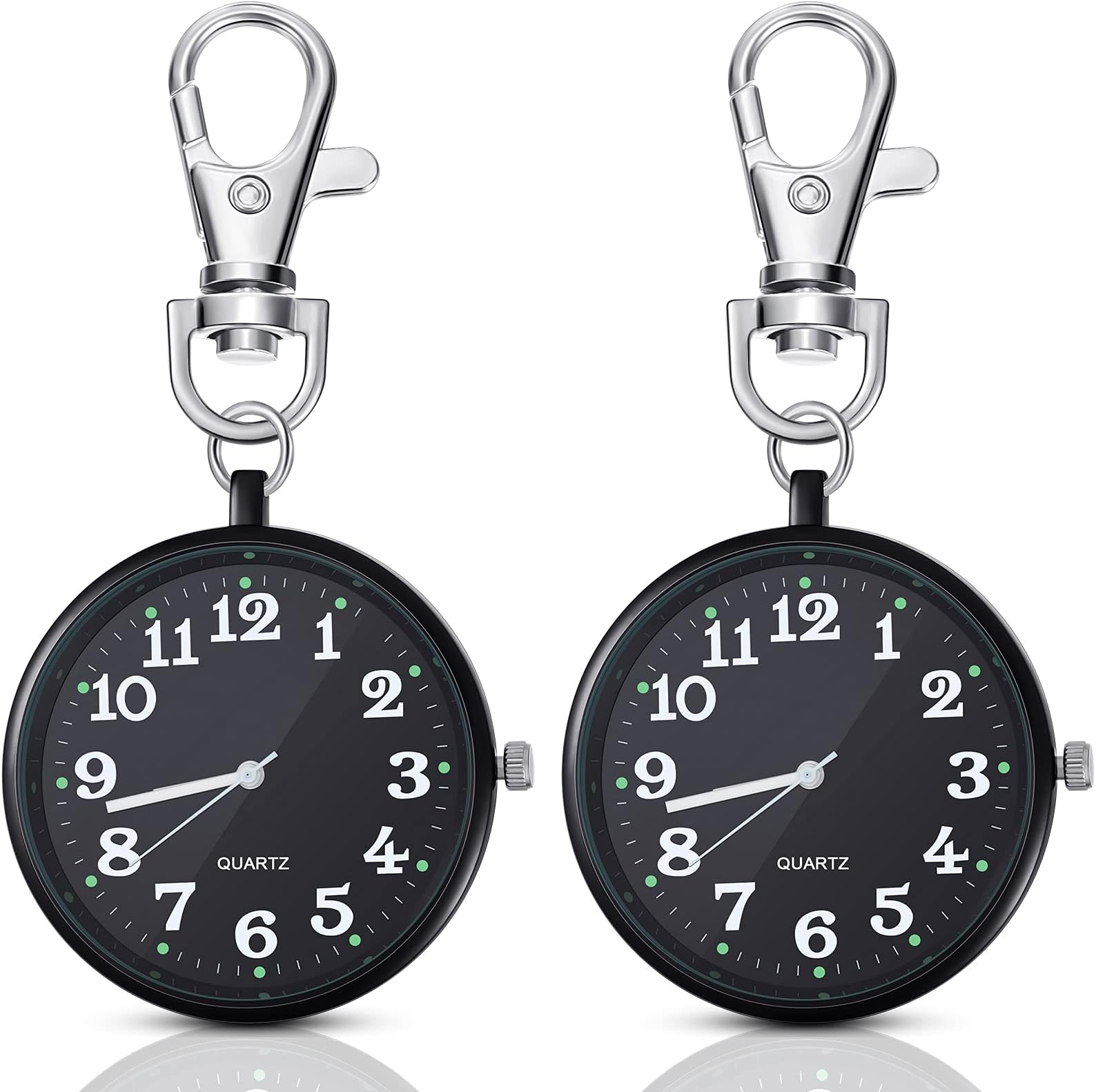 2 Pieces Quartz Pocket Watch with Key Buckle Round Keychain Clip on Watch Portable Unisex