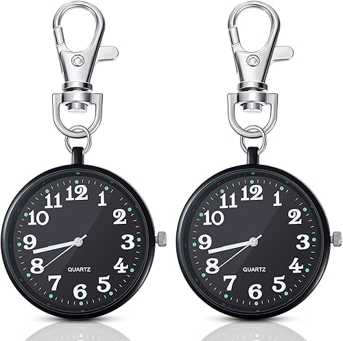 Junkin Reloj de bolsillo de cuarzo de 2 piezas con hebilla de llave redonda llavero clip en reloj portátil unisex