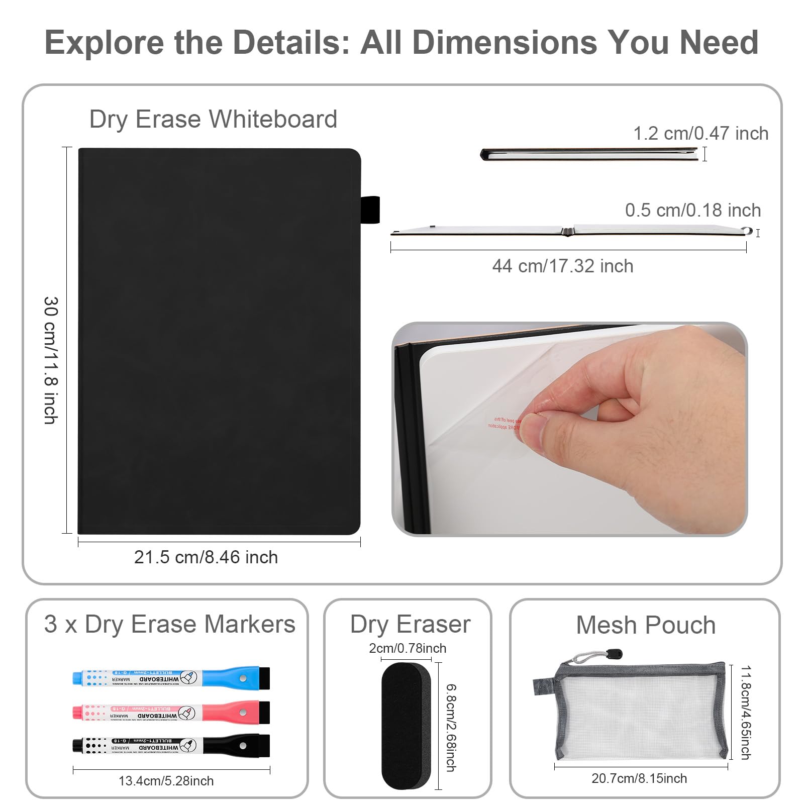 AGM Dry Erase Mini Whiteboard A4, 30 x 21.5cm Double-Sided Desk White Board with 3 Colored Pens, 1 Eraser, 1 Mesh Bag - Image 2
