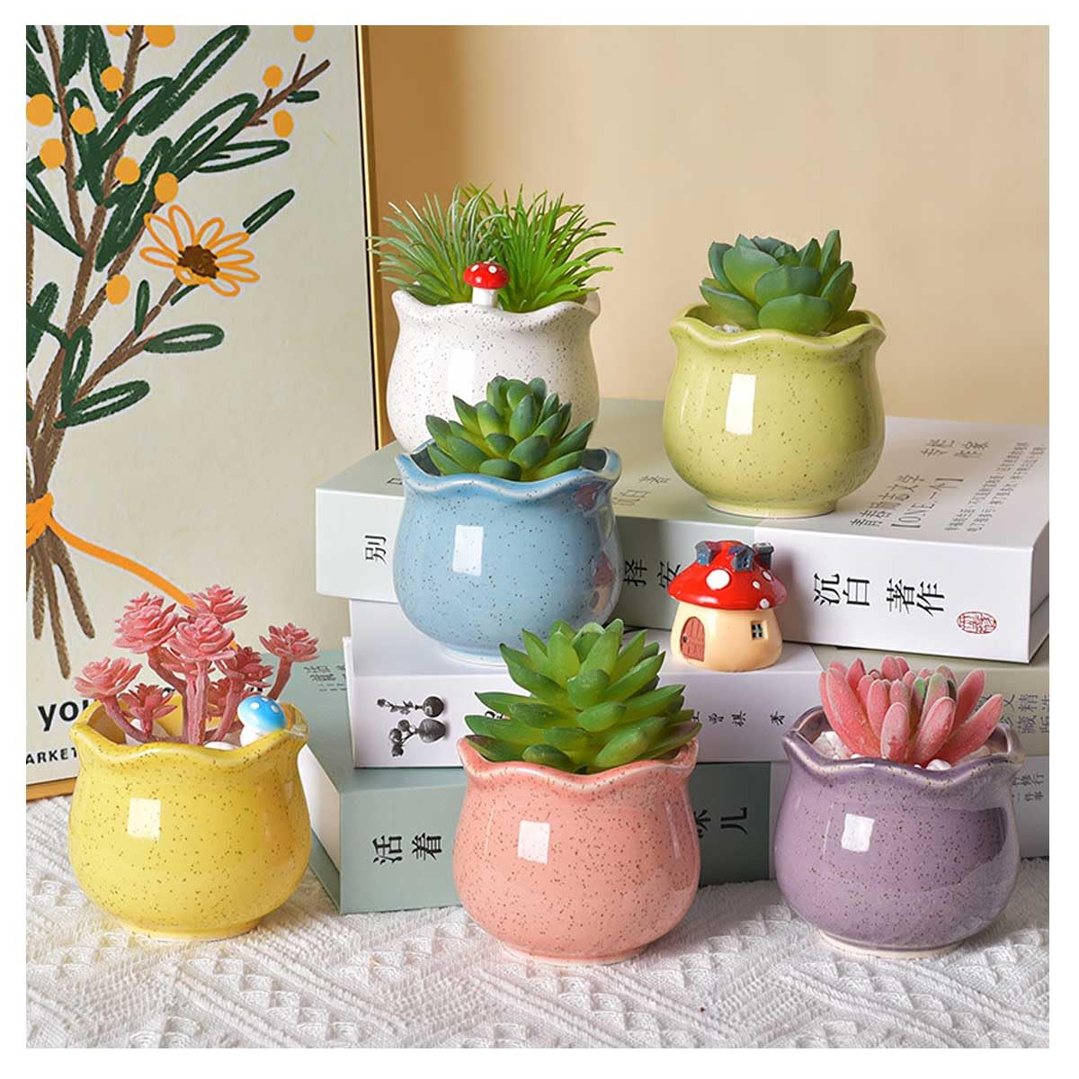 植木鉢 6個セット かわいい 多肉植物鉢 底穴付き サボテン鉢 マカロンカラー セラミックス製 丸いプランターポット ミニ植物適用 インテリア オフィス 部屋飾り ガーデニング プレゼント