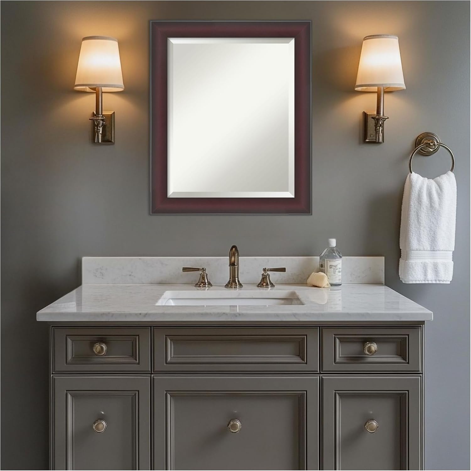 Amanti Art Brown Bathroom Mirror for Over Sink, 24x20 Grand Cherry Narrow Rectangle Vanity Mirror, Small Casual Frame, Hangs Horizonally and Vertically, Bathroom Wall Decor, Beveled Edge