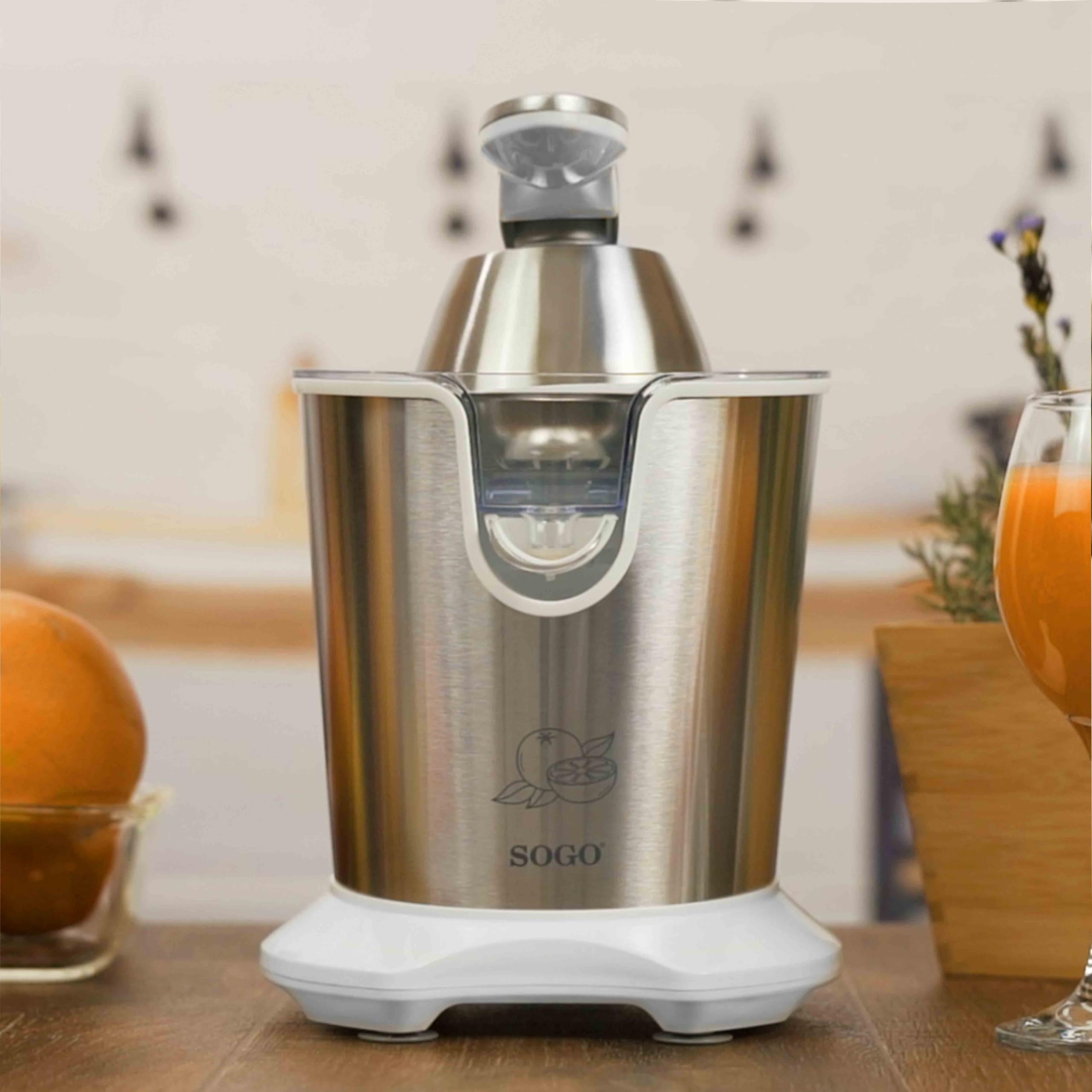 Sogo Exprimidor eléctrico de zumo de naranja y limón con con 2 conos y palanca | automático | potente y silencioso | 0,3 Litros | 160w | Acero Inoxidable (SS-5185)