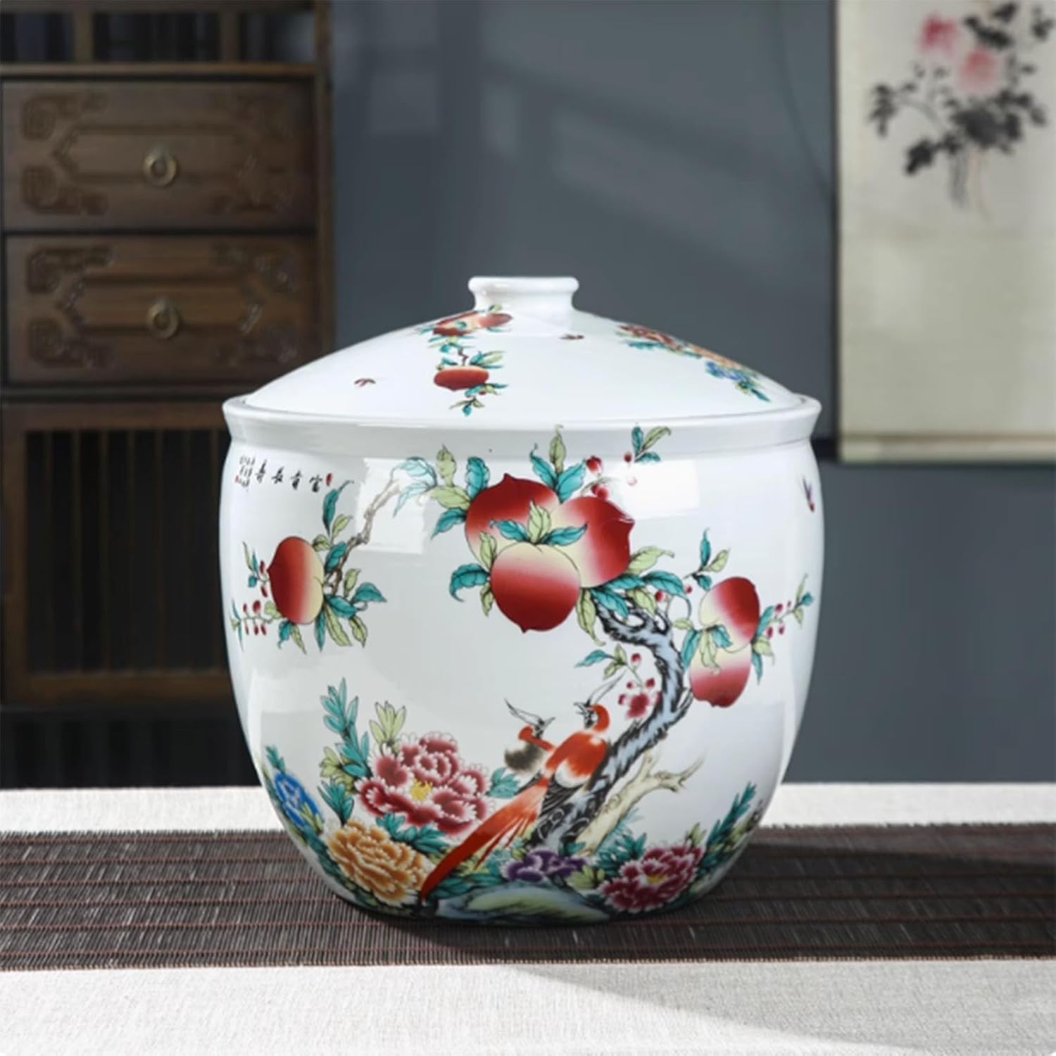 MESCXTY Ceramic Rice Jar with Lid, Household Bucket, Grain Dispenser Food Storage Jar, Container(E,10KG)