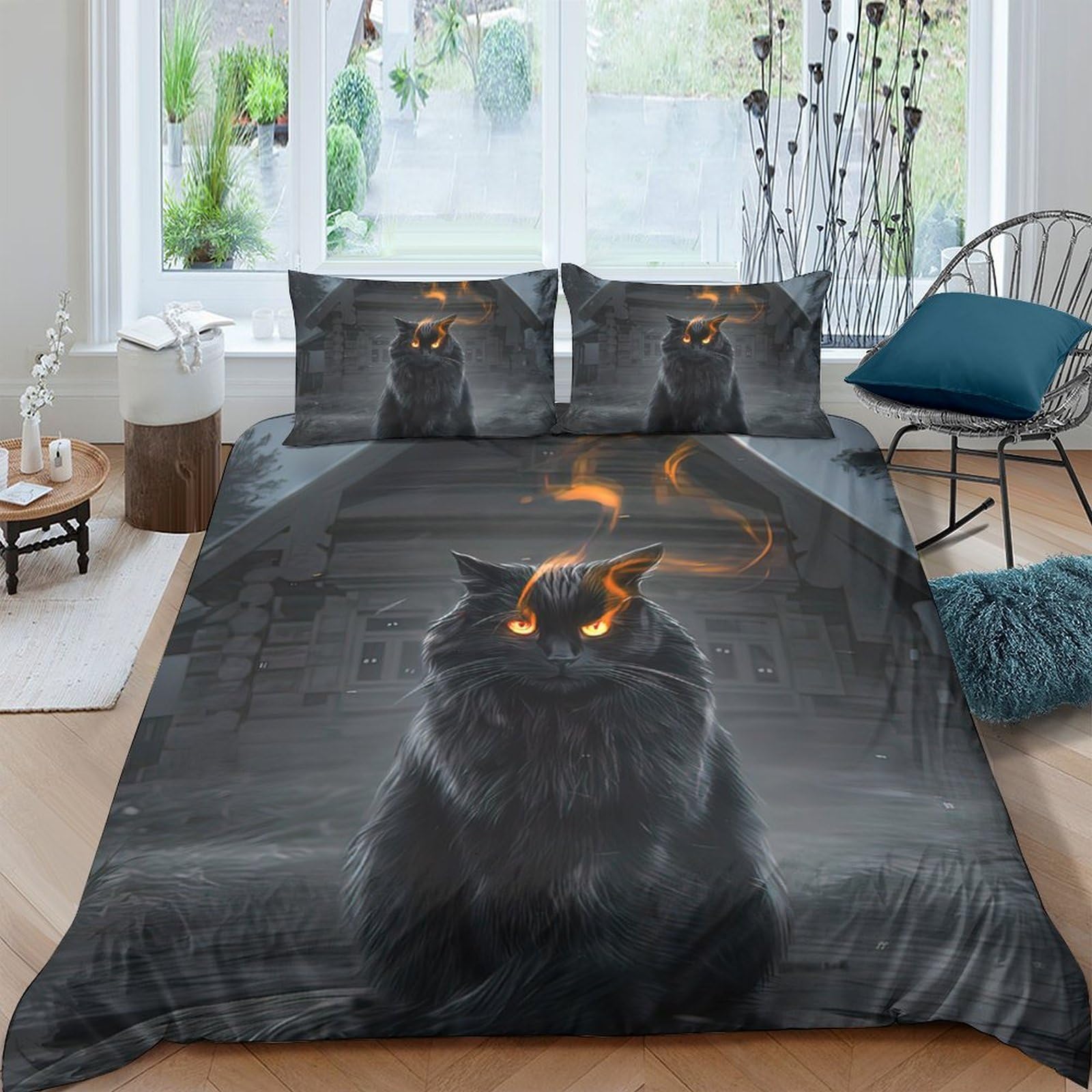 Ctjqhvkz Style-8 3D Printed Black Cat Fitted Sheet Microfiber Orange Eyes Bed Cover For Bedroom Guest Room Decor Mattress Protection Single（135X200cm）