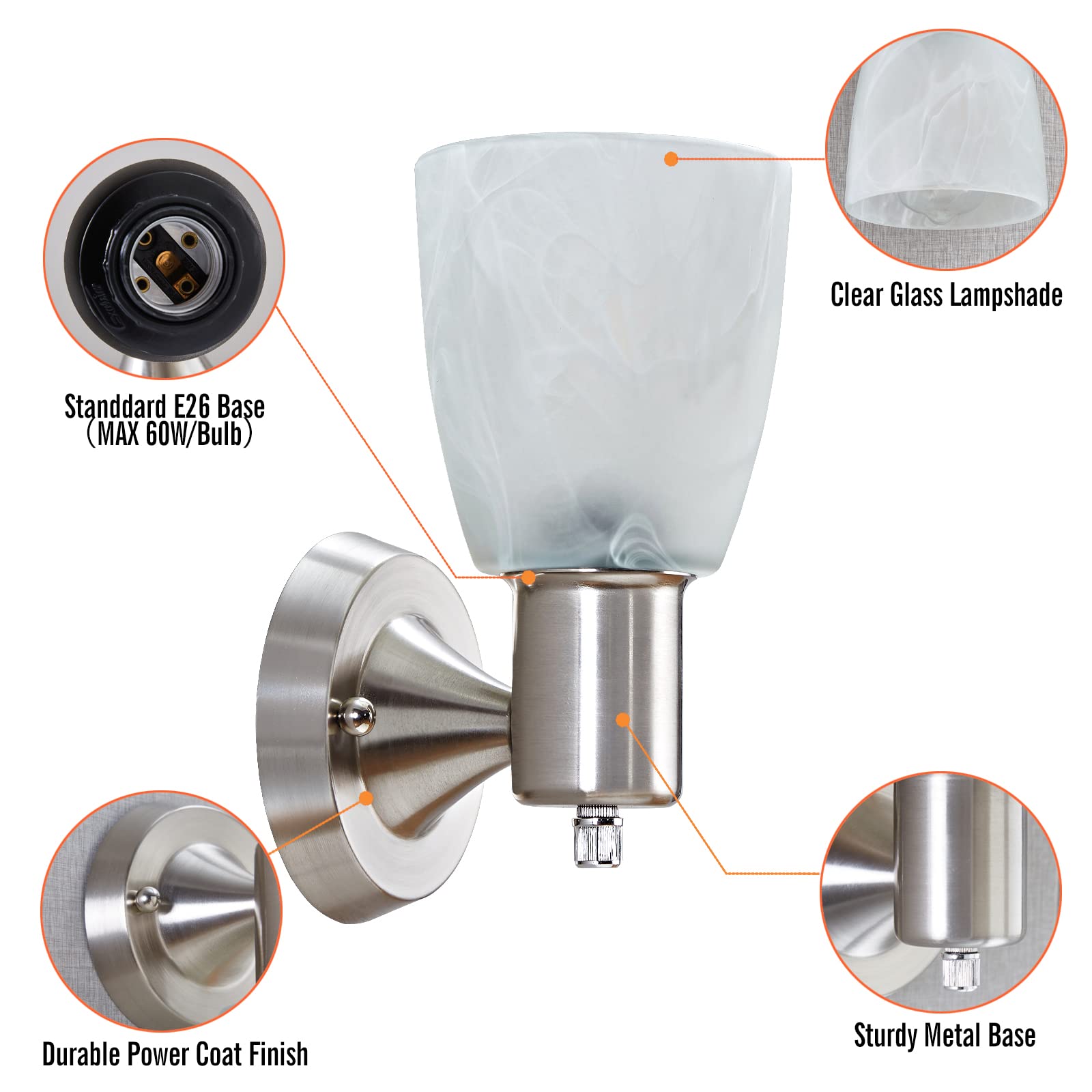 Juego de 2 apliques de pared, luces de tocador de níquel cepillado para baño, modernas lámparas de pared con interruptor giratorio, luz de montaje en pared con vidrio esmerilado, lámpara de pared de 7