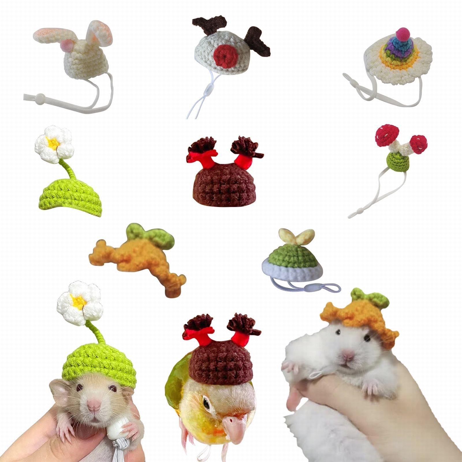 Hamster-Hut, Mini-Mütze für kleine Tiere, mit verstellbarem Riemen, handgestrickt, Frosch, Regenbogen, Karotte, kleine Hüte für , Reptil, Weihnachten, Urlaub, Exklusive Hundehalsbänder (U, One Size)