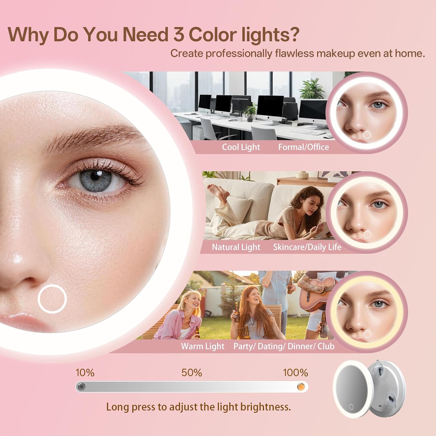 40X Travel Magnifying Makeup Mirror with Lights,3 Suction Cups,Rechargeable