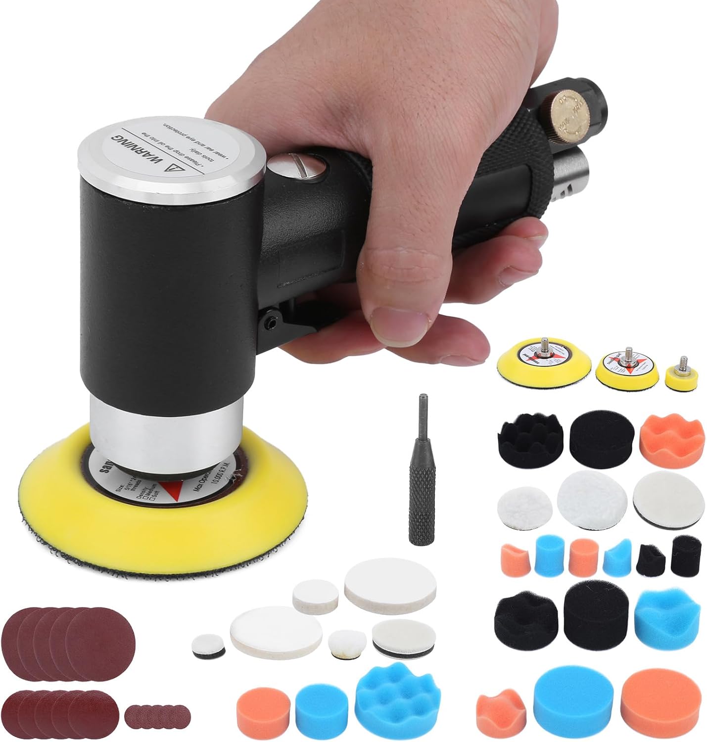 AT - 1500 Eccentric Pneumatic Air Sander, 3mm Orbit Polishing Grinder with Variable Speed Control, Includes 48Pcs Pads and Sandpaper for Auto Detailing, Metal Rust Removal, and (American valve)