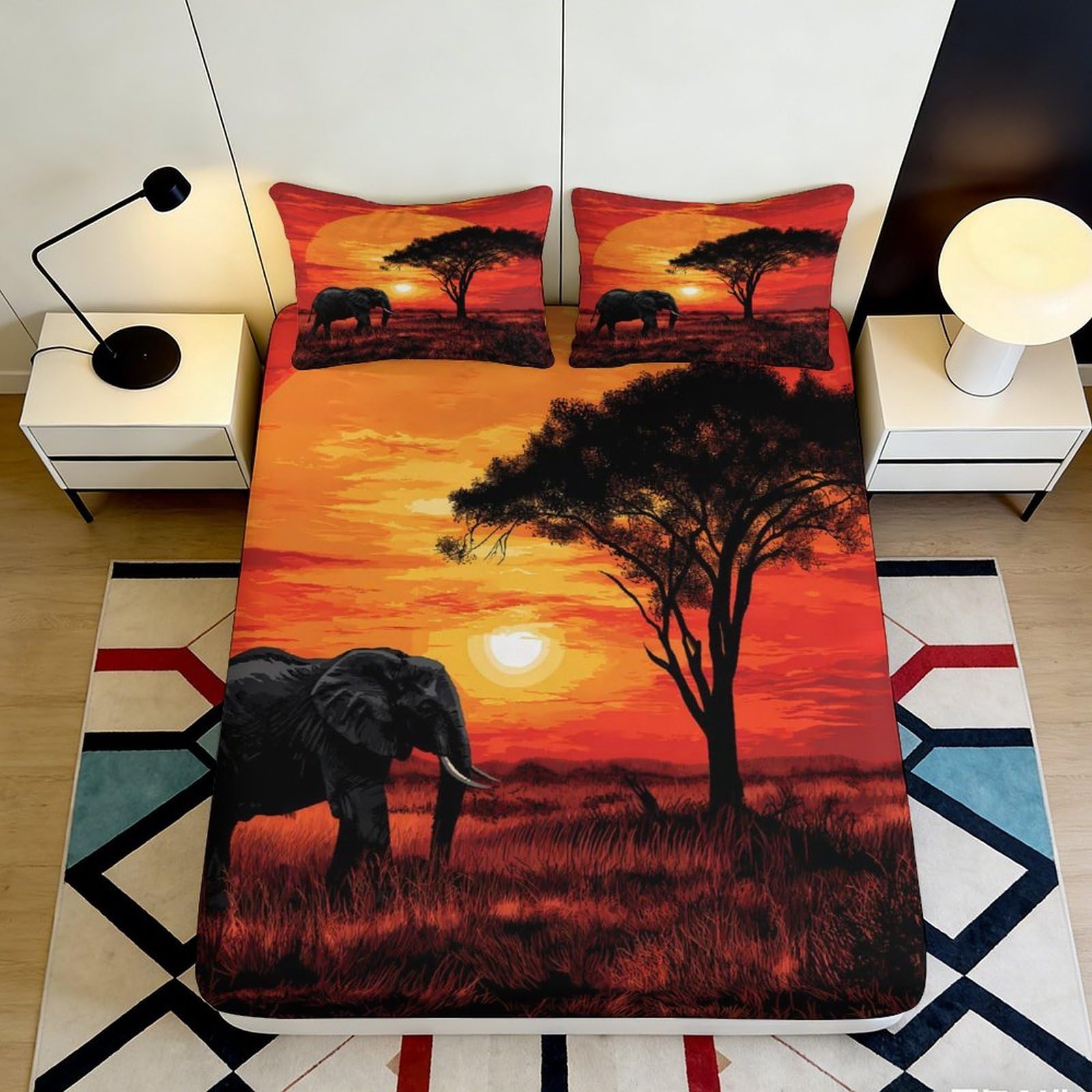 3D Printed African Sunset Fitted Sheet Microfiber Soft Elephant Savannah Mattress Cover for Bedroom Decor 90x200x25cm