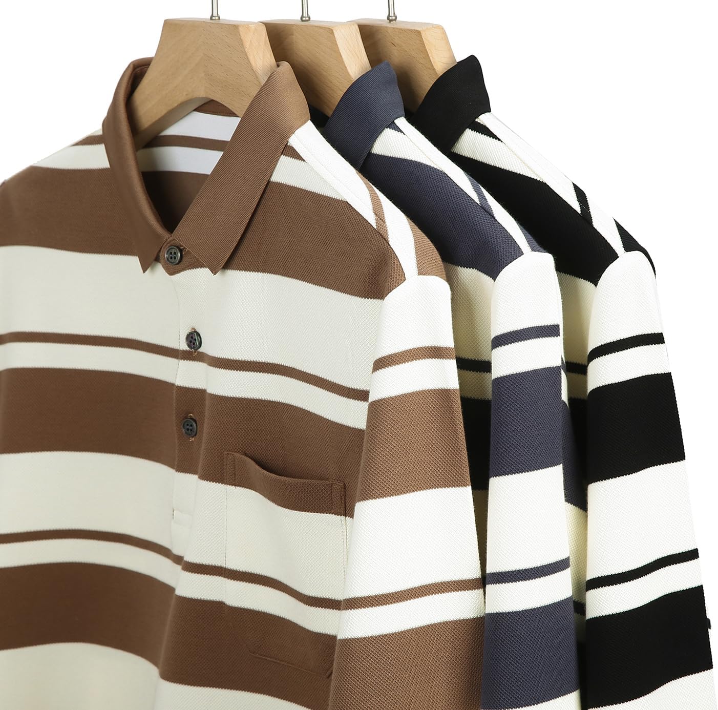 Mens Casual Cotton Blend Striped Long Sleeve Collared T Shirt Polo Shirts - Image 4