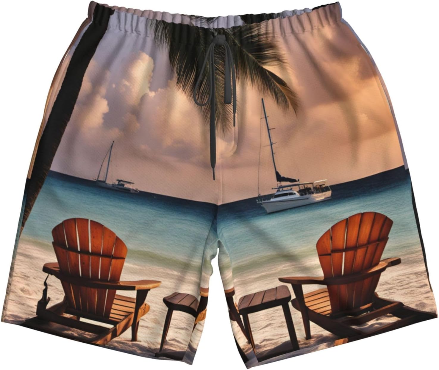 Mens Beach Palm Tree Chairs Boats Print Beach Shorts,Casual Summer Shorts for Men,Quick Dry Polyester