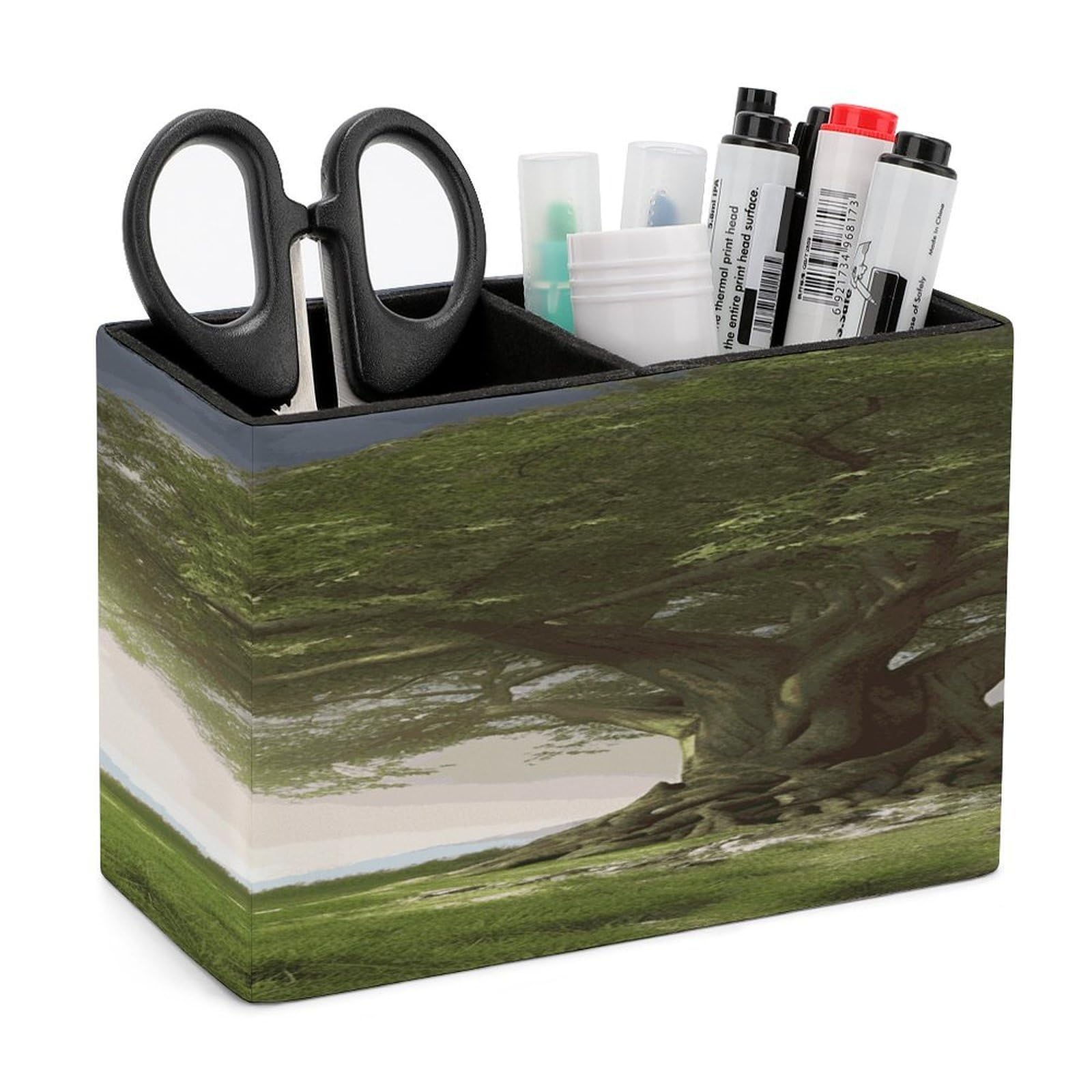 LDGSUPH Tree with Branch Scenery Leather Pen Holder for Desk Organizer Caddy Large Pencil Cup Multi-function Pencil Holder Makeup Brush Holders Pen Organizer for Home Office Storage Box