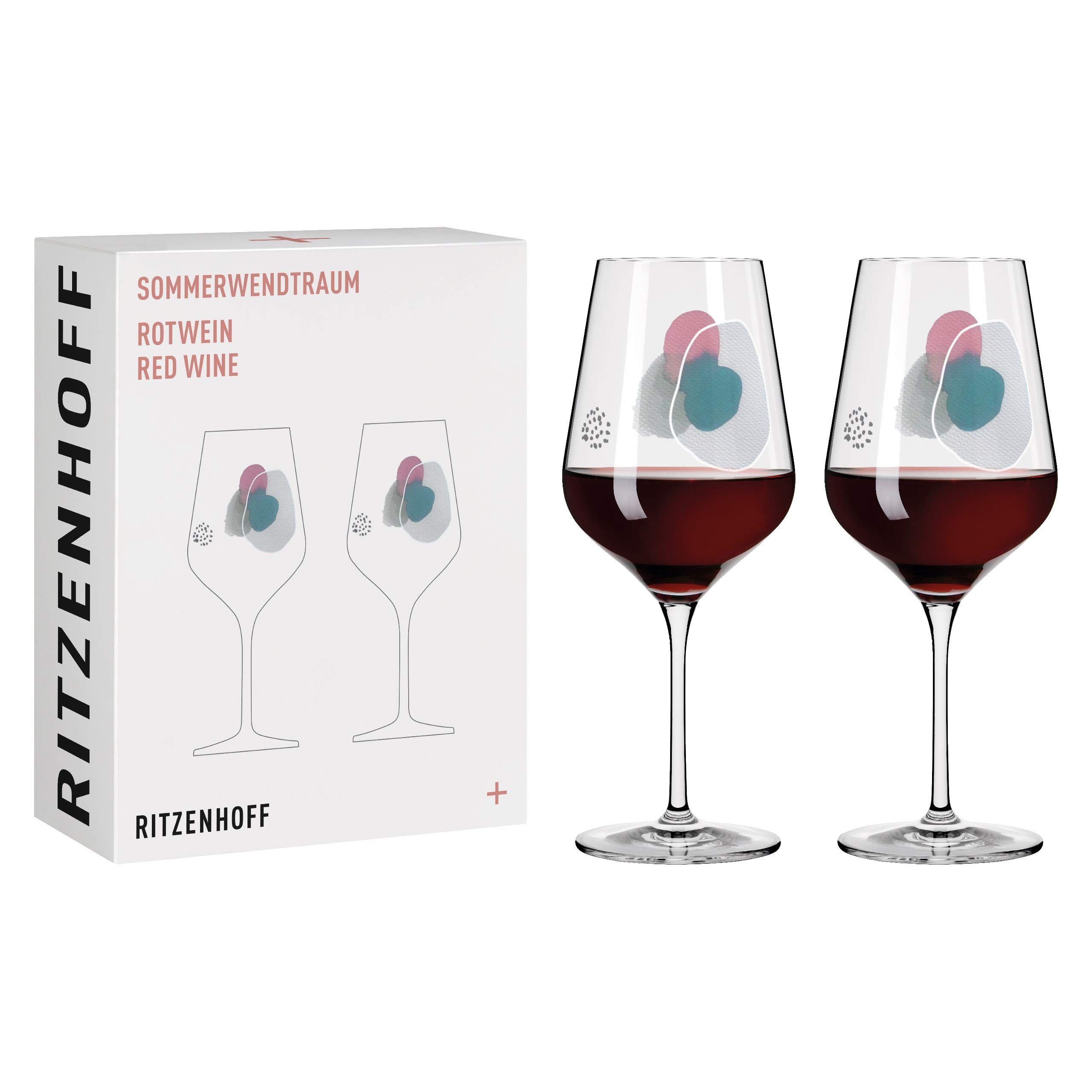 Ritzenhoff3601001 Red Wine Glass 500 ml - Sommerwendtraum Series Set No. 1-2 Pieces with Watercolour Circles - Made in Germany, Blue, Grey, Red