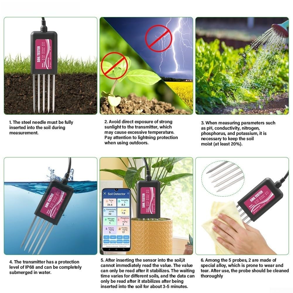 Medidor de Suelo para Jardín, Analizador NPK pH Humedad Temperatura, Sensor para acero Inoxidable IP68, para herramienta para profesional 140mm
