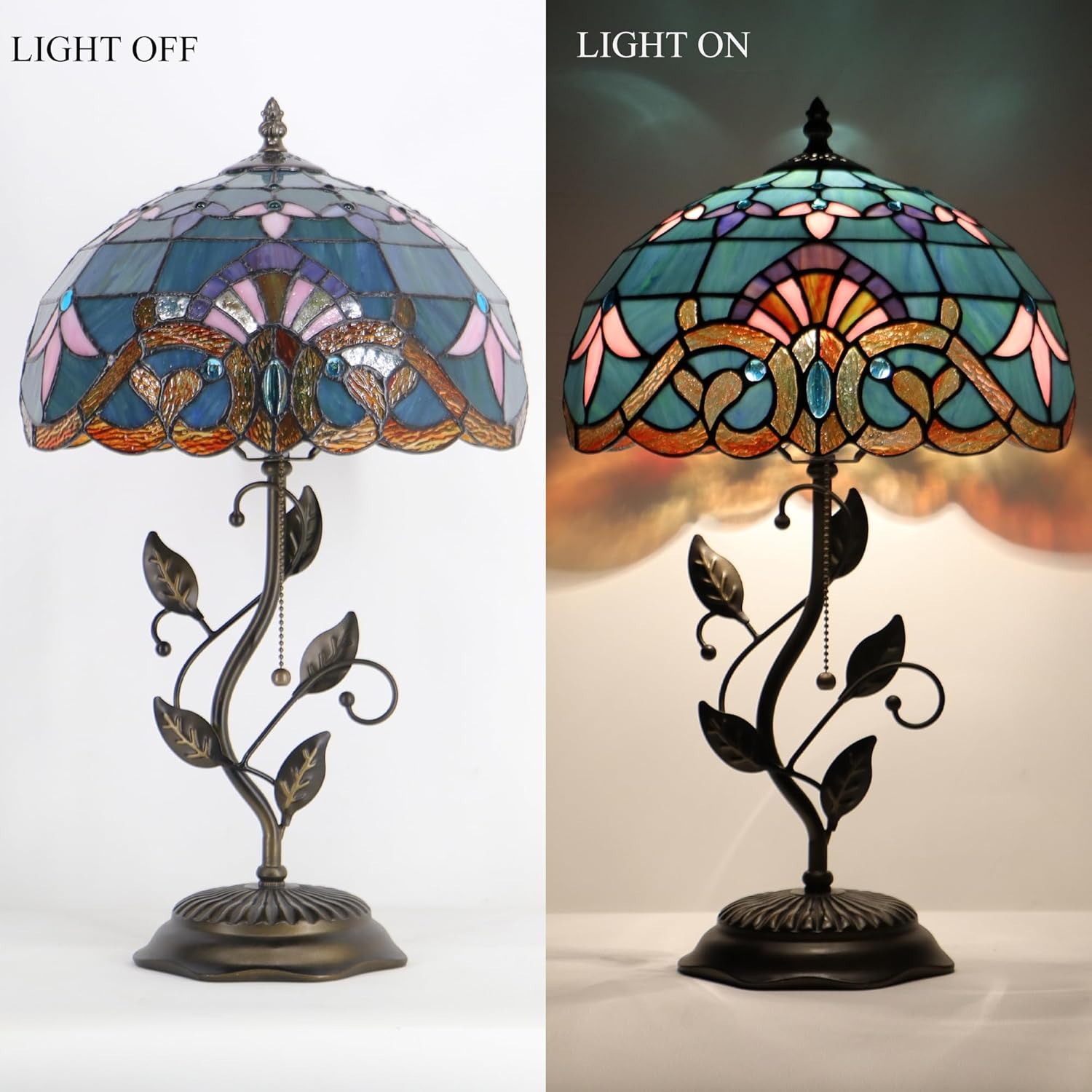 Tiffany Table Lamp Stained Glass Desk Lamp Metal Leaf Base Reading Light 12X19 Inch (Baroque Style)