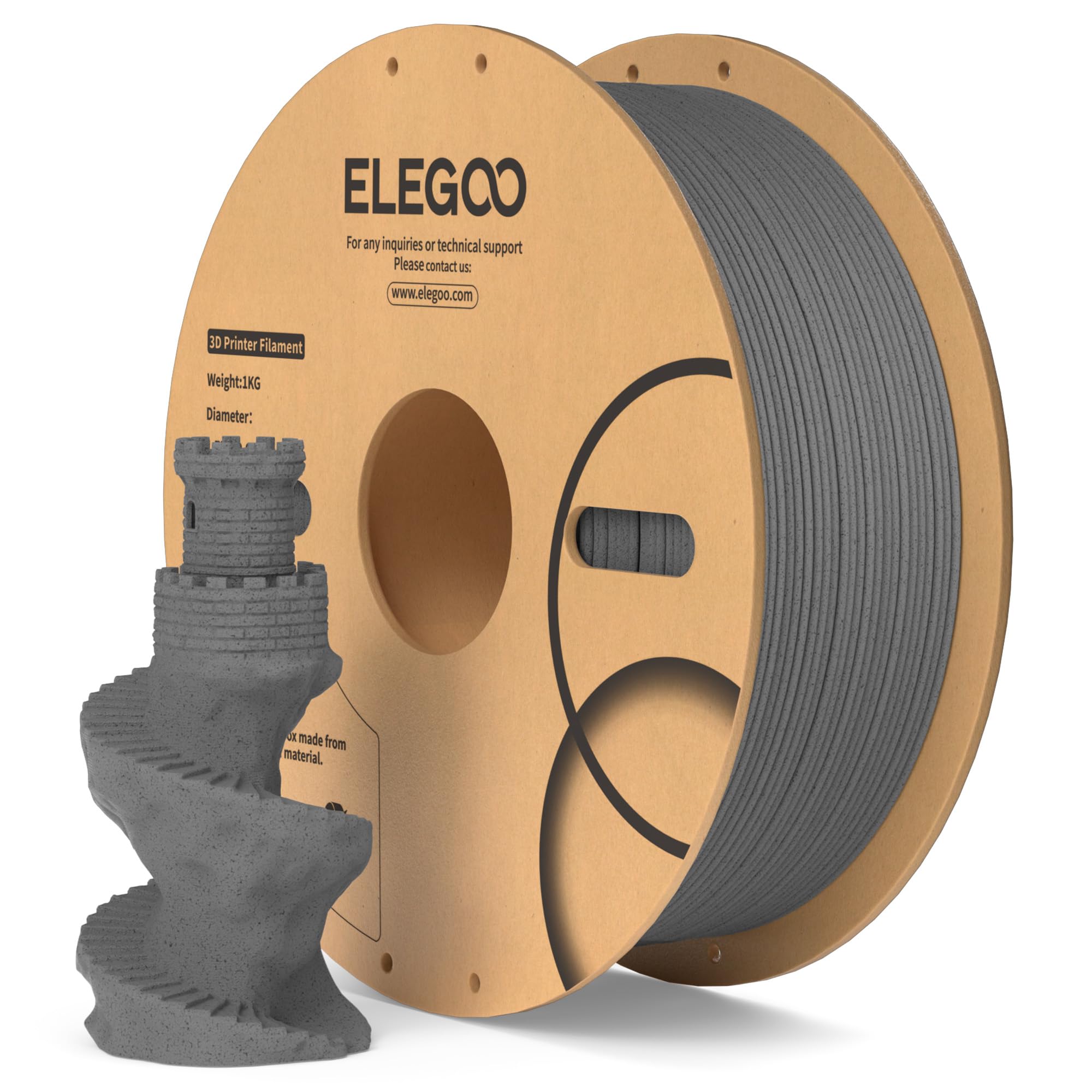 ELEGOO Filamento PLA 1,75 mm Contiene Polvere Di Pietra Grigio Cemento 1KG Per Stampante 3D, Precisione Dimensionale +/- 0,02 mm Cartone PLA Bobina Di Stampa 3D Filamento