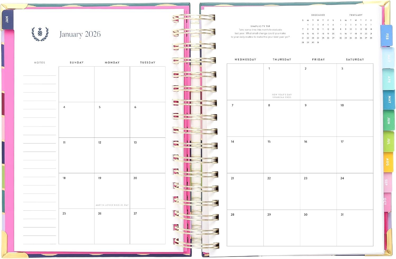 Simplified 2026 12-Month Spiral Daily Planner — Rainbow Row — January 2026 - December 2026, Calendar Year Organizer with Stickers, Pockets, and Keepsake Box