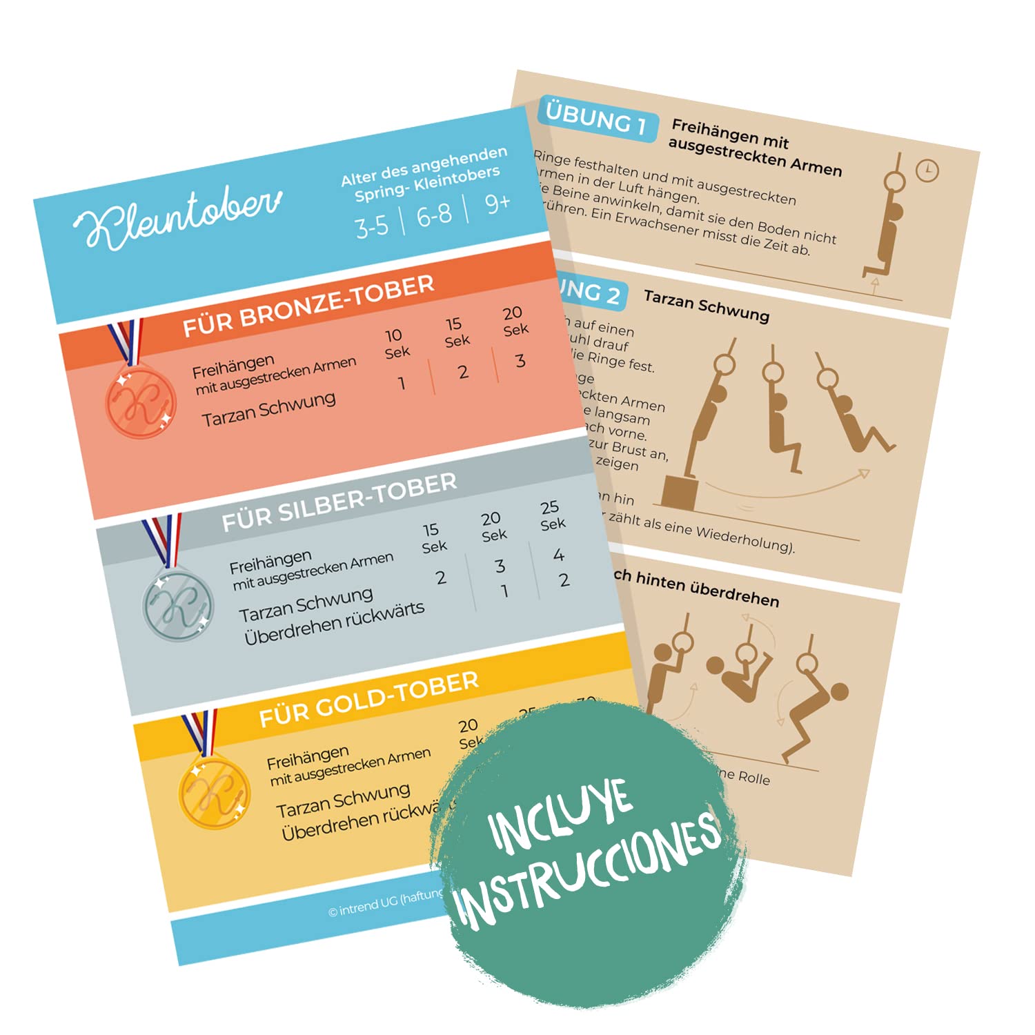KLEINTOBER I anillas de gimnasia de madera para niños y adultos I exterior e interior I anillas I altura regulable I con instrucciones para fitness y deporte I con certificado para motivación