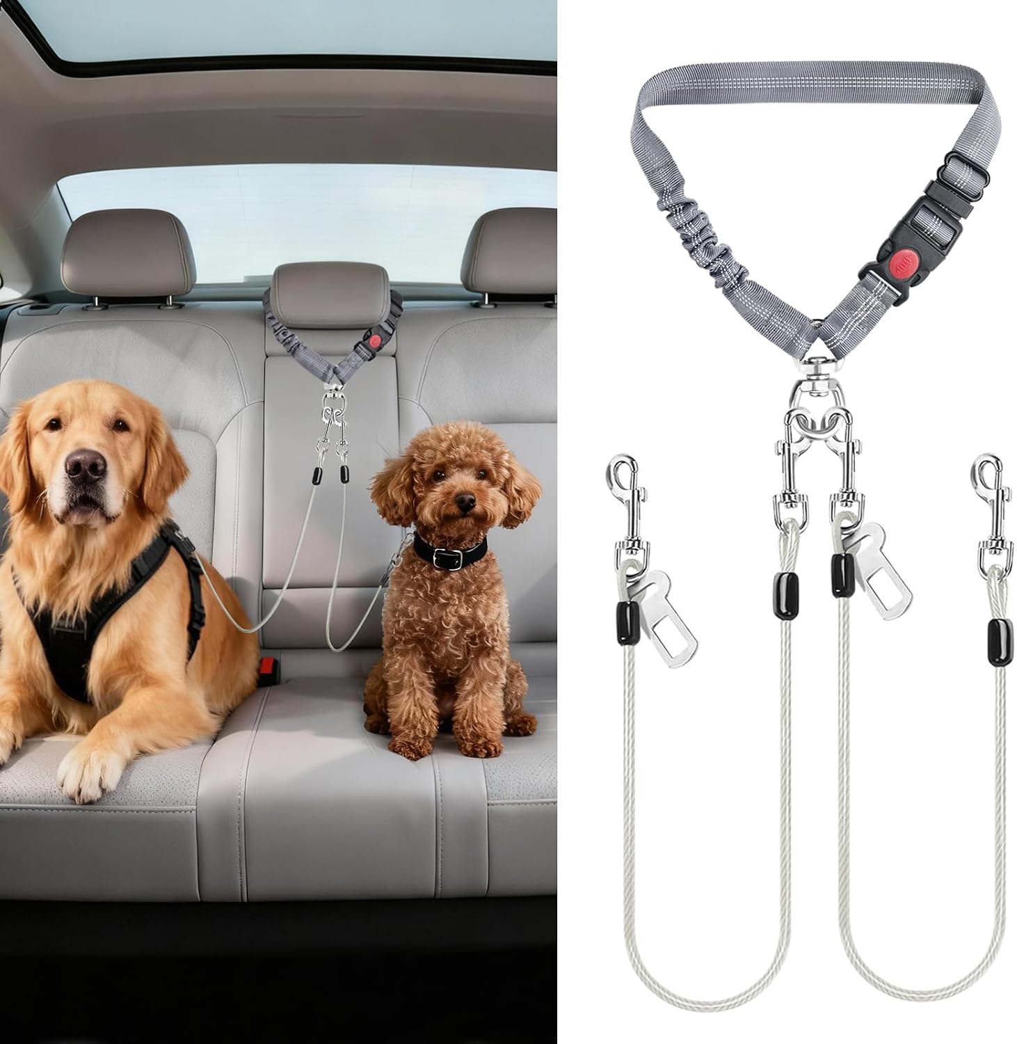 Idepet Dog Seat Belt for Car Stainless Steel 3 in 1 Dog Seatbelt 2 Pcs Grey image 5