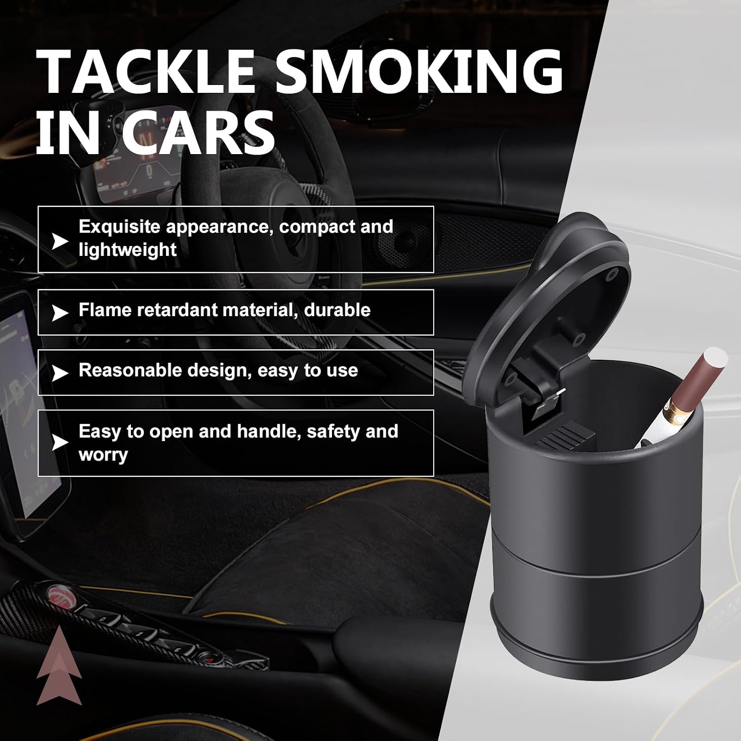 Car Ash Tray, Smokeless Odor-resistant ABS Car Ashtray with Lid, Portable Detachable Frosted Surfce Vehicle Cup-shaped Decoration, for Most Vehicles, Office, Home (Black)