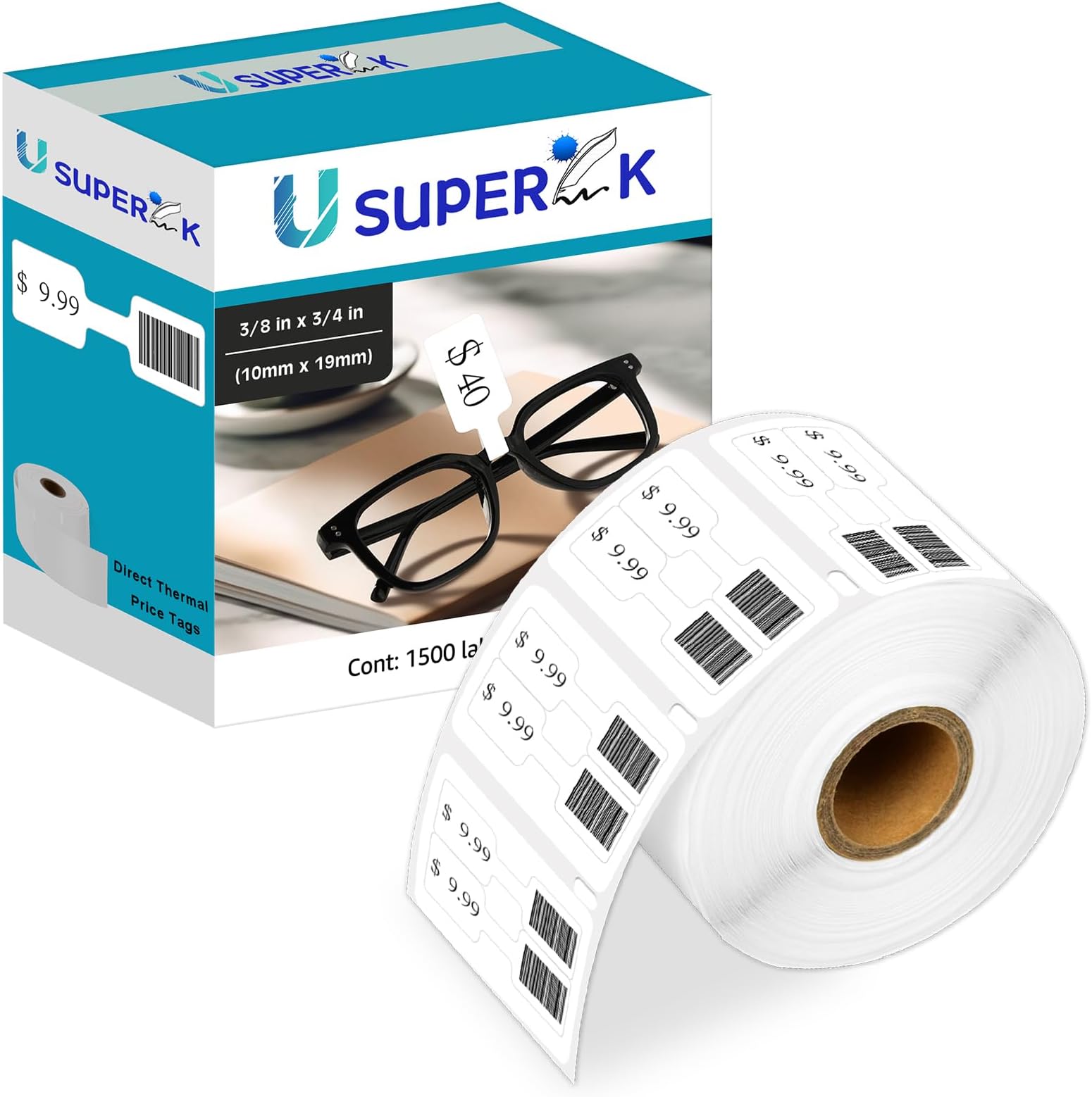 USUPERINK [1 Roll, 1500 Labels/Roll] Compatible for Dymo 30299 3/8" x 3/4" White Self-Adhesive Barbell Style Jewelry/Price Tag Labels for LabelWriter 300 310 450 Duo 4XL Printer [NOT FIT 550 & 5XL]
