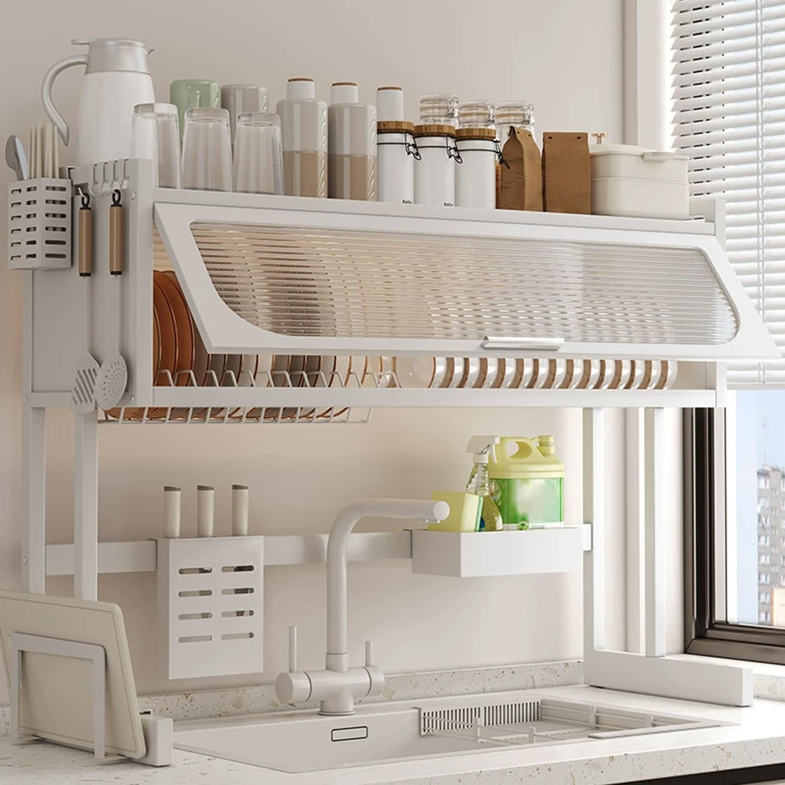 Scola piatti da appoggio sopra lavandino, multifunzione cucina porta scolapiatti, griglia scolapiatti gocciolatoio per lavello, con porta utensili.(65cm)