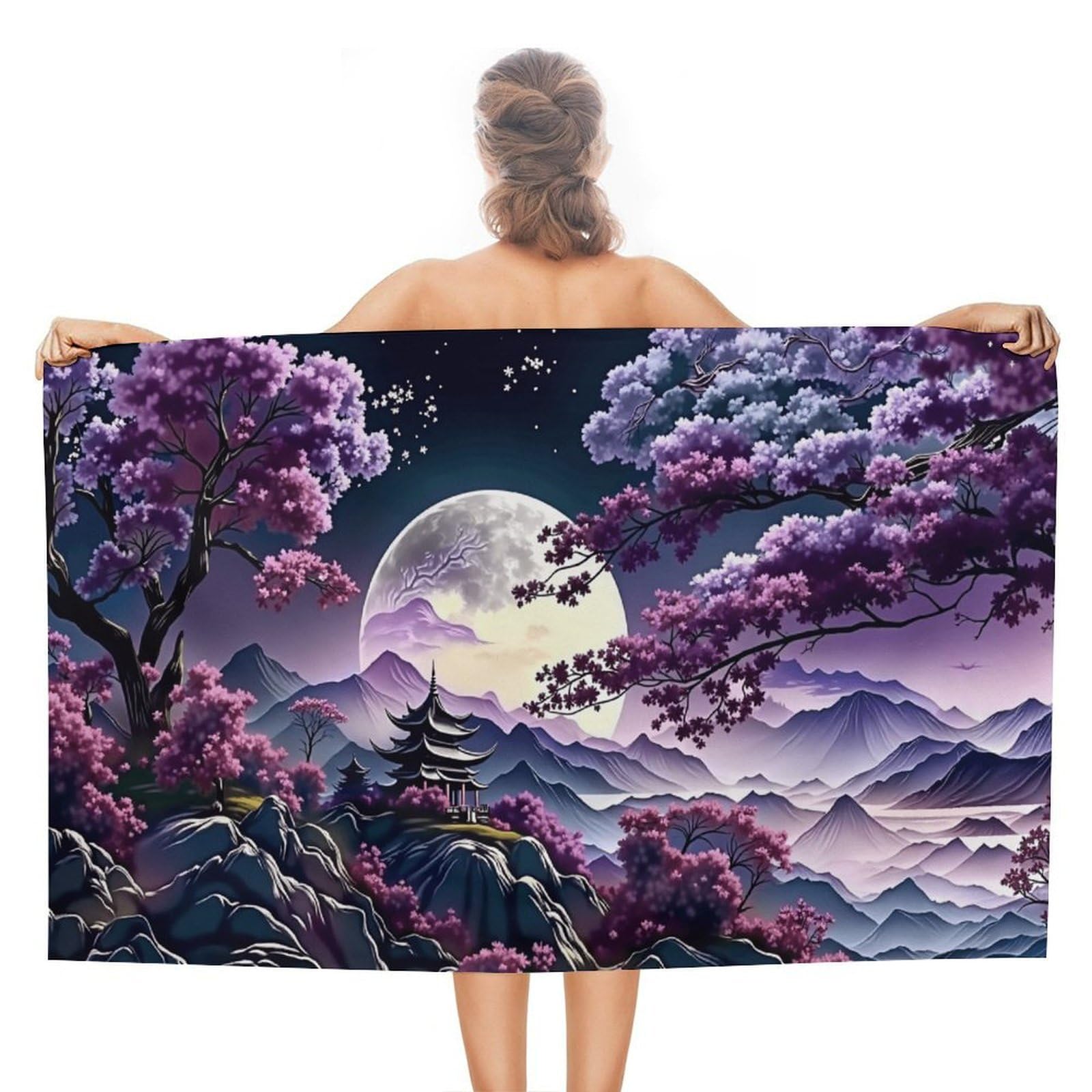Anceky Cherry Blossom Moon Beach Towel Microfiber Soft Absorbent Oversized Large Bath Towel Blanket Thin Quick Dry for Adults Swimming Pool Yoga Gym Travel 51"X31"